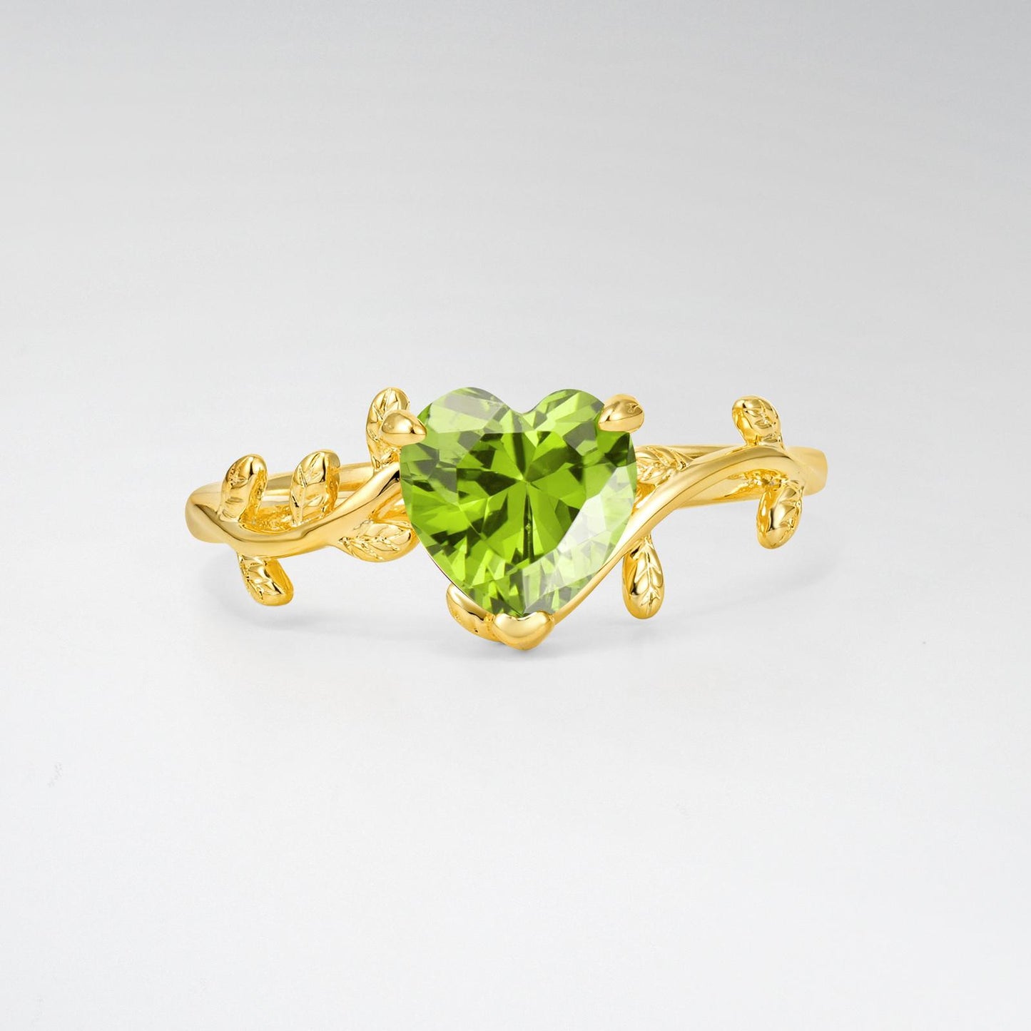 Nature-Inspired Heart Cut Peridot Leaf Vine Engagement Ring - product view1