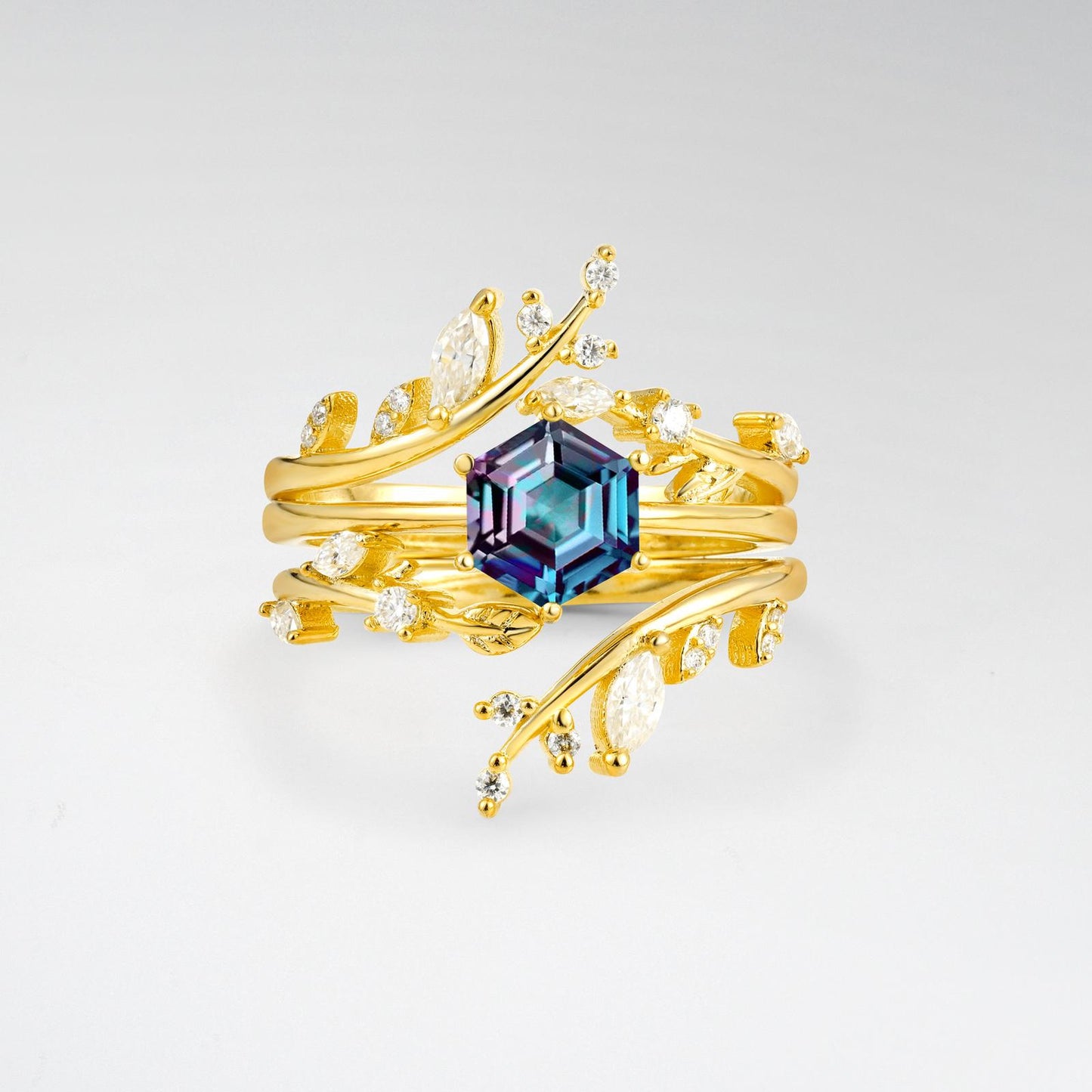 Nature-Inspired Hexagon Cut Alexandrite Leaf Vine Bridal Ring Set - product view1