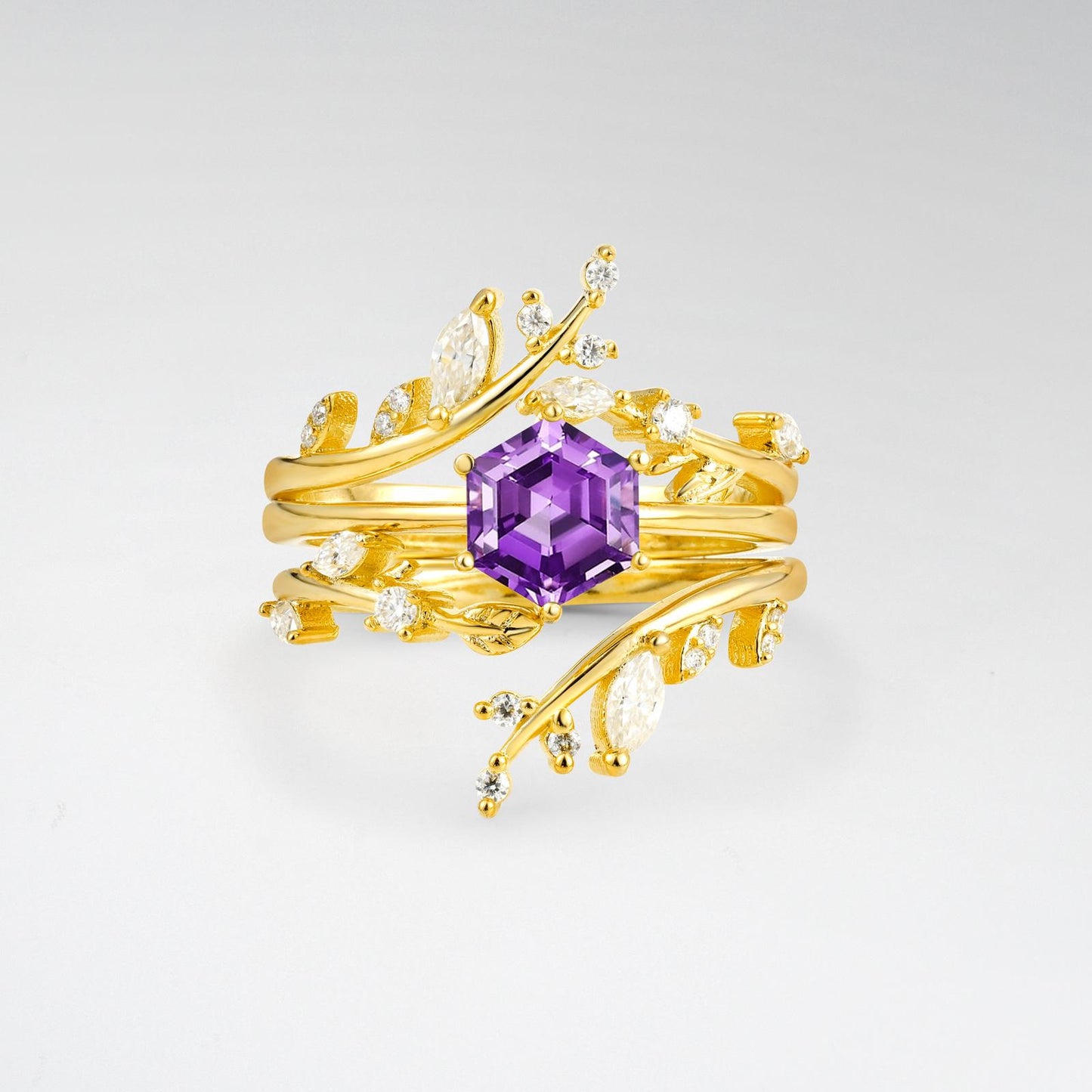 Nature-Inspired Hexagon Cut Amethyst Leaf Vine Bridal Ring Set - product view1