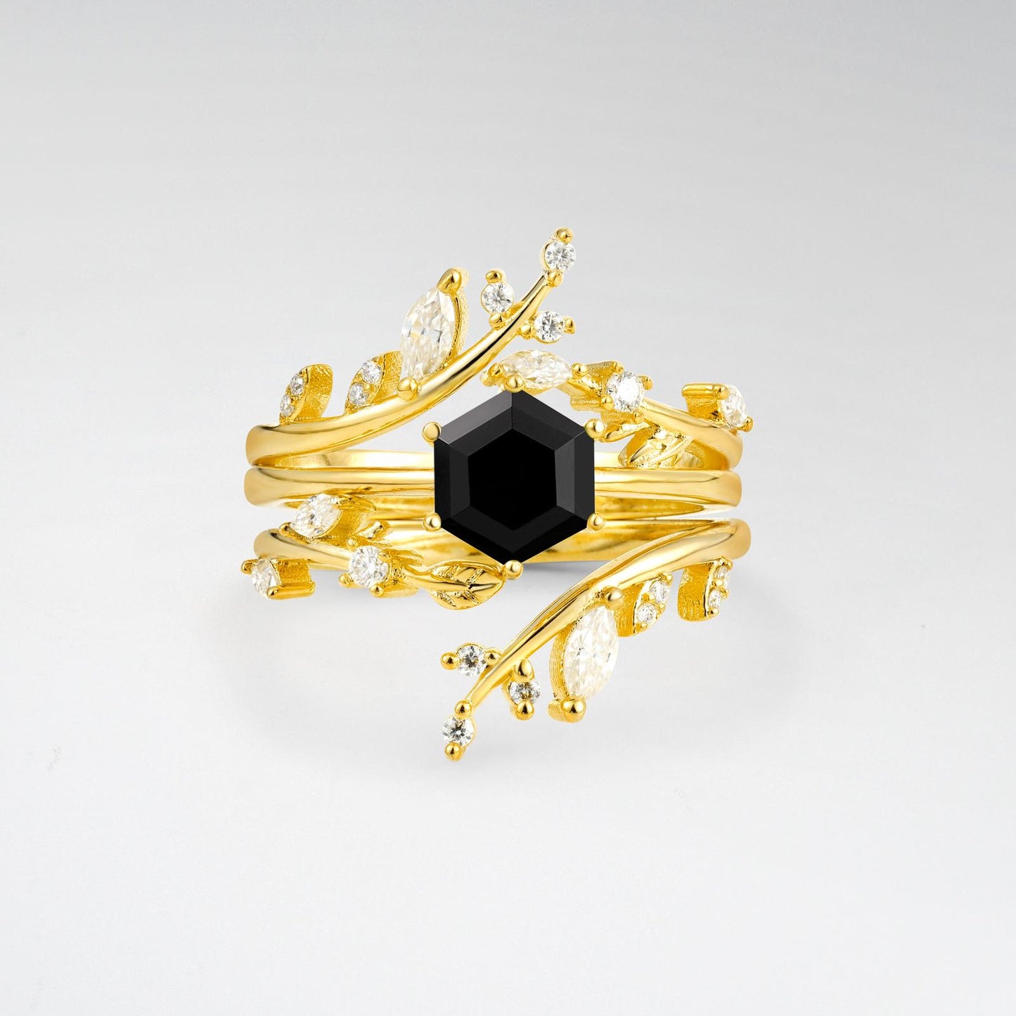 Nature-Inspired Hexagon Cut Black Onyx Leaf Vine Bridal Ring Set - product view1
