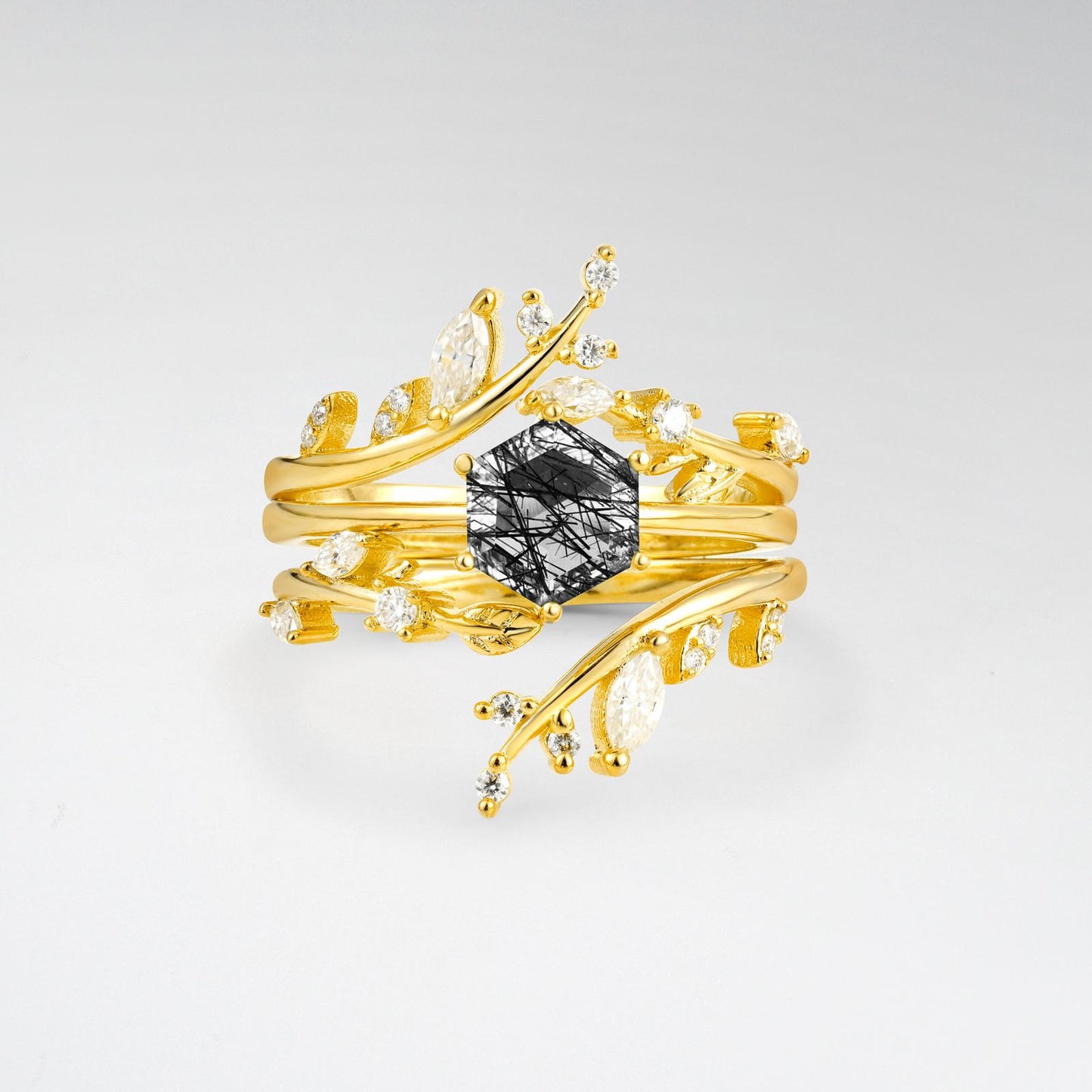 Nature-Inspired Hexagon Cut Black Rutilated Quartz Leaf Vine Bridal Ring Set - product view1