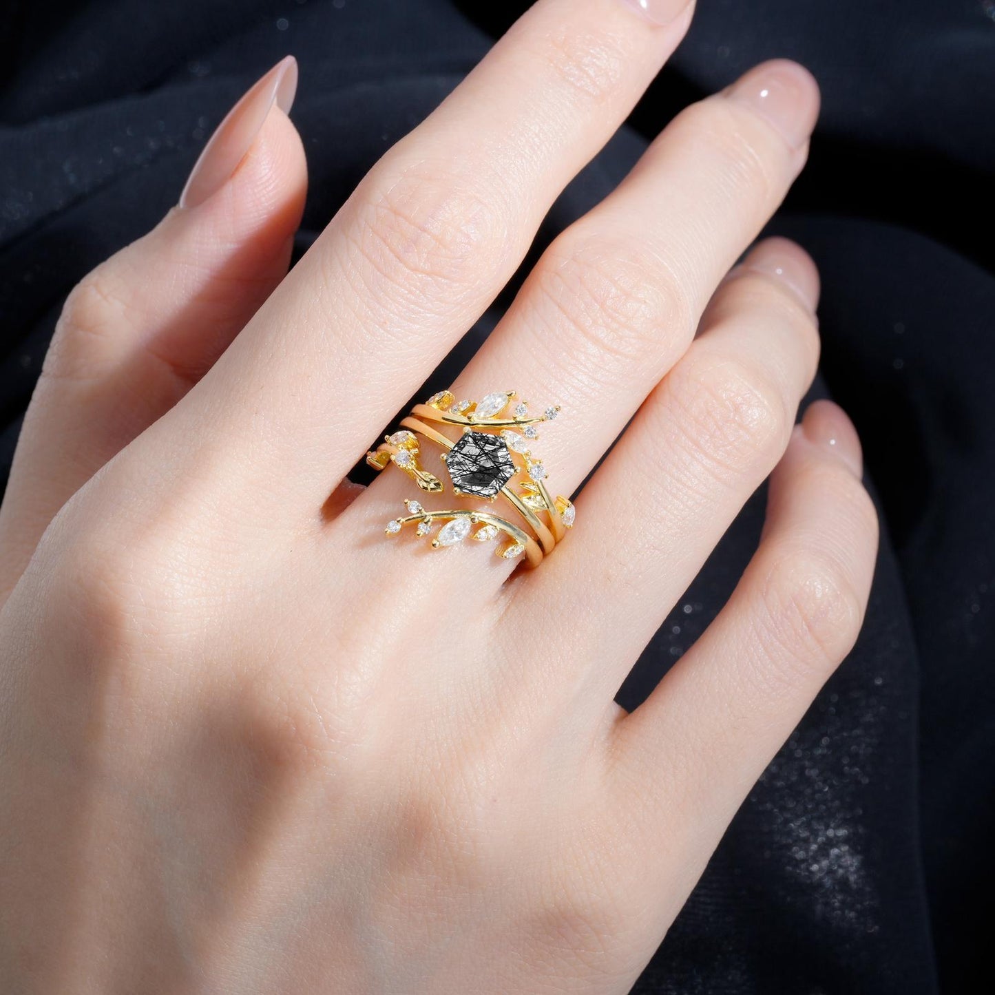 Nature-Inspired Hexagon Cut Black Rutilated Quartz Leaf Vine Bridal Ring Set - product view2