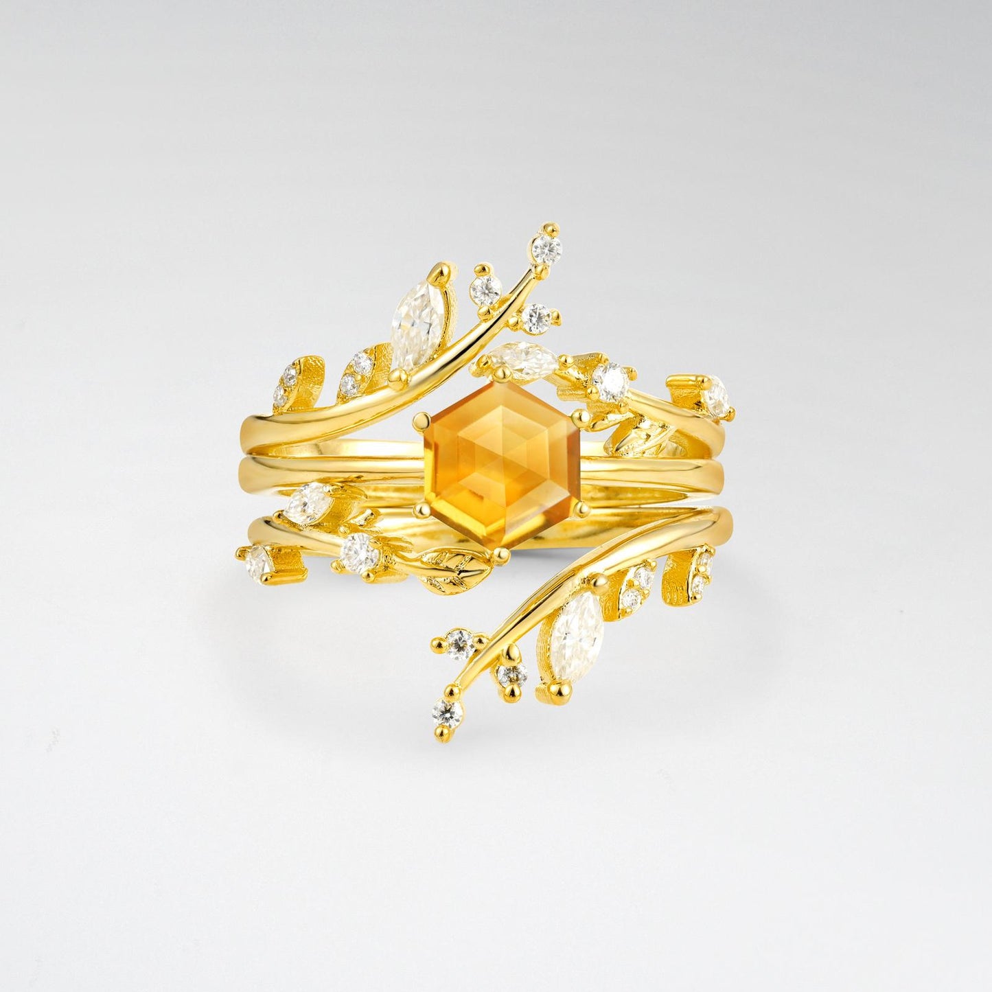 Nature-Inspired Hexagon Cut Citrine Leaf Vine Bridal Ring Set - product view1