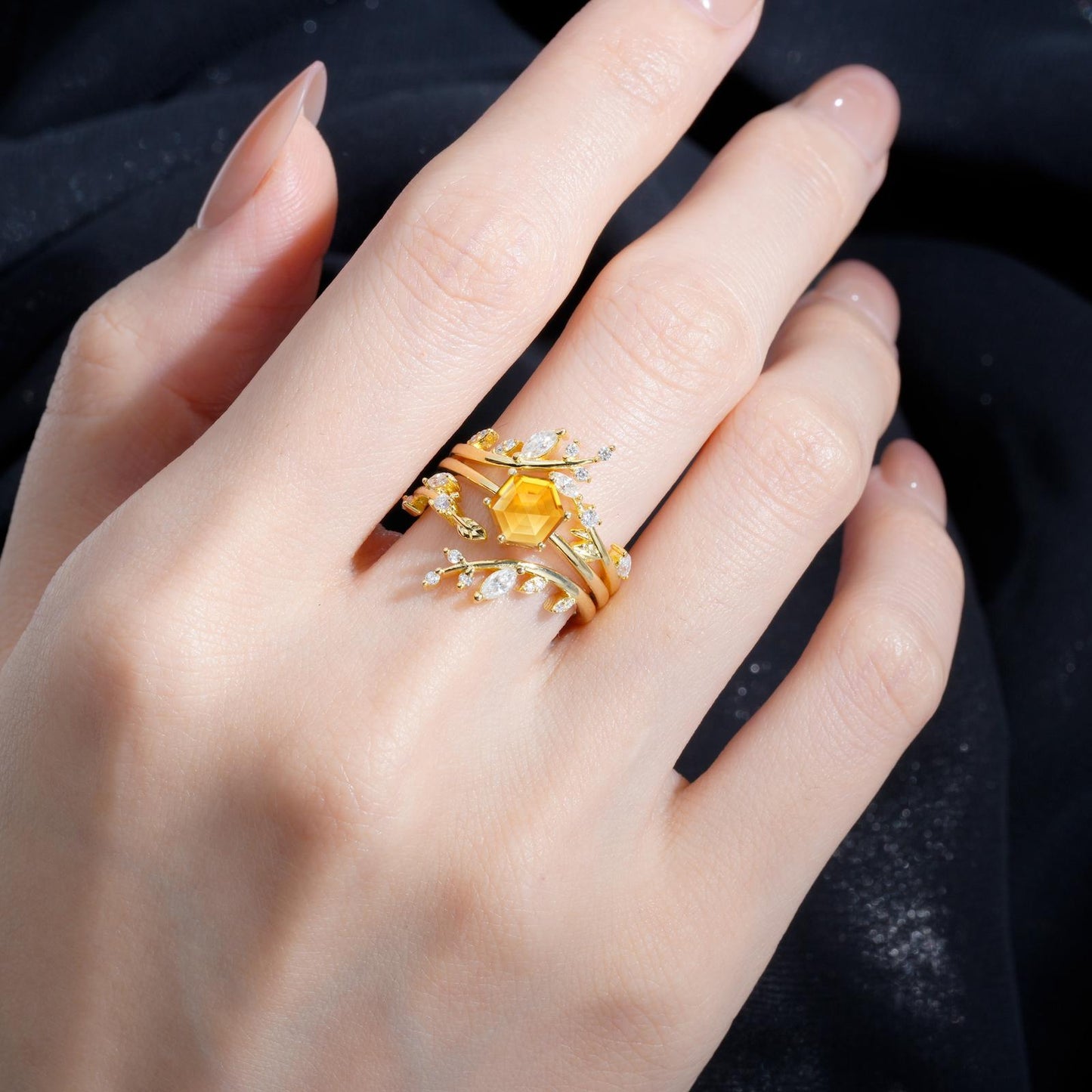 Nature-Inspired Hexagon Cut Citrine Leaf Vine Bridal Ring Set - product view2