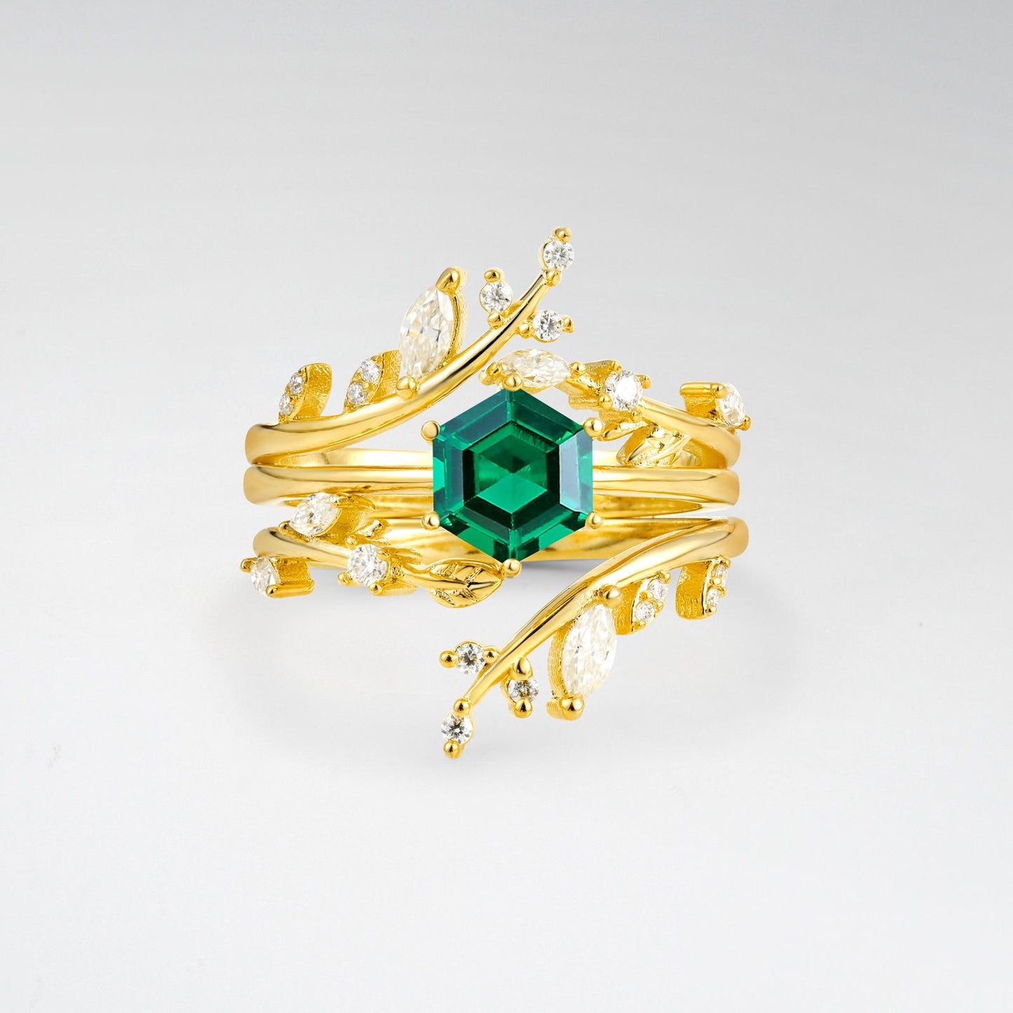 Nature-Inspired Hexagon Cut Emerald Leaf Vine Bridal Ring Set - product view1