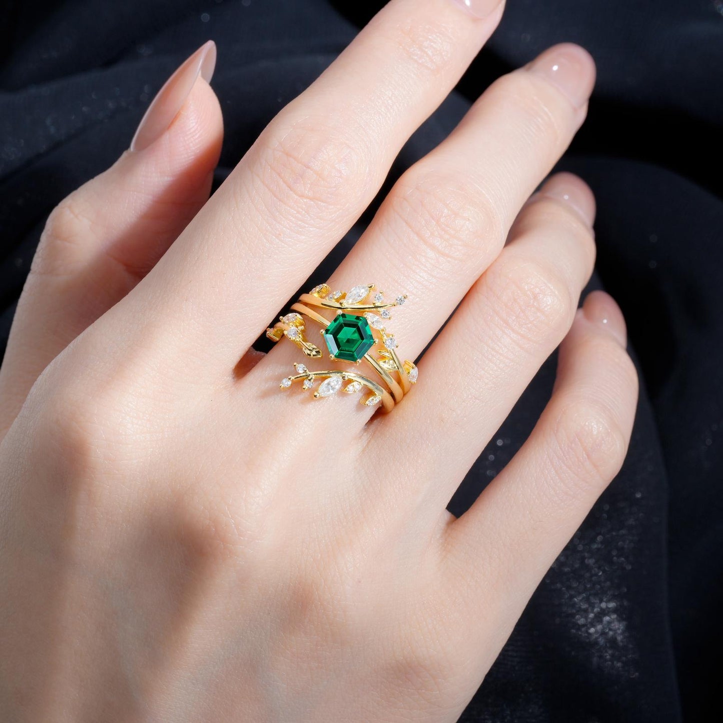 Nature-Inspired Hexagon Cut Emerald Leaf Vine Bridal Ring Set - product view2
