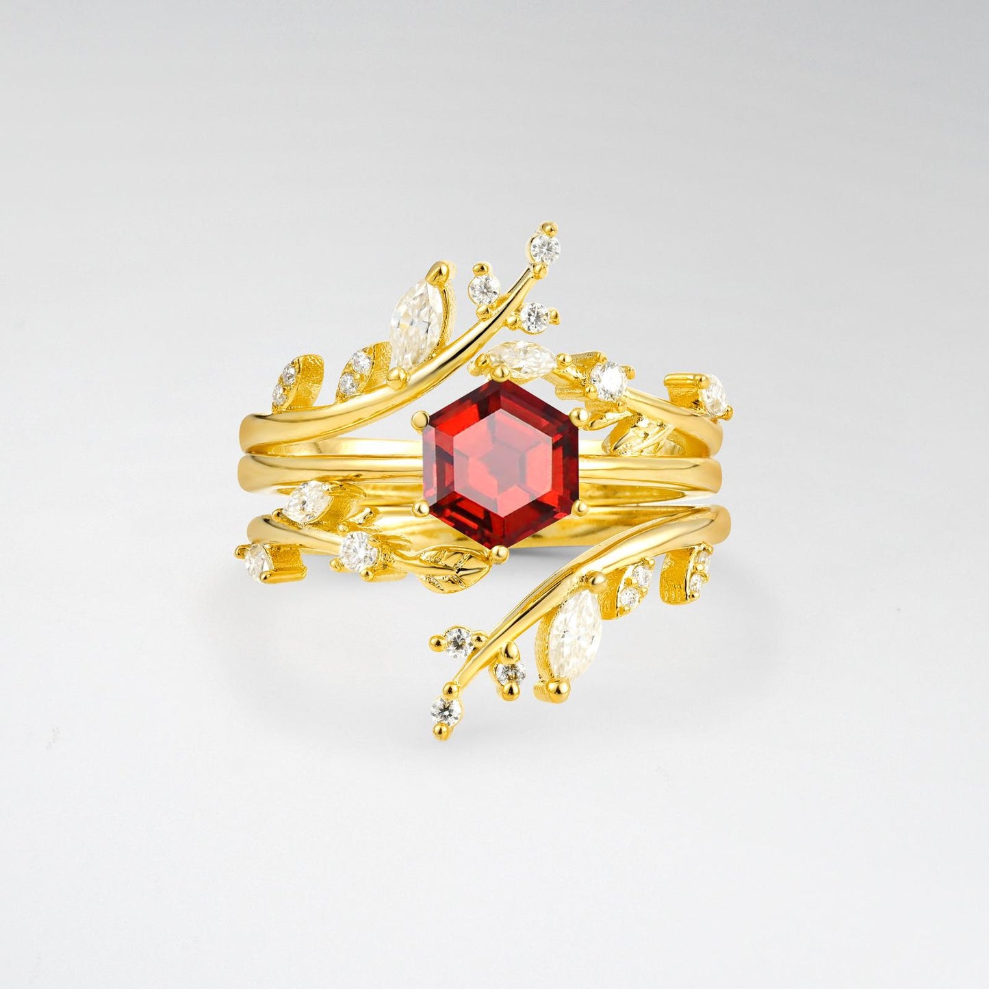 Nature-Inspired Hexagon Cut Garnet Leaf Vine Bridal Ring Set - product view1