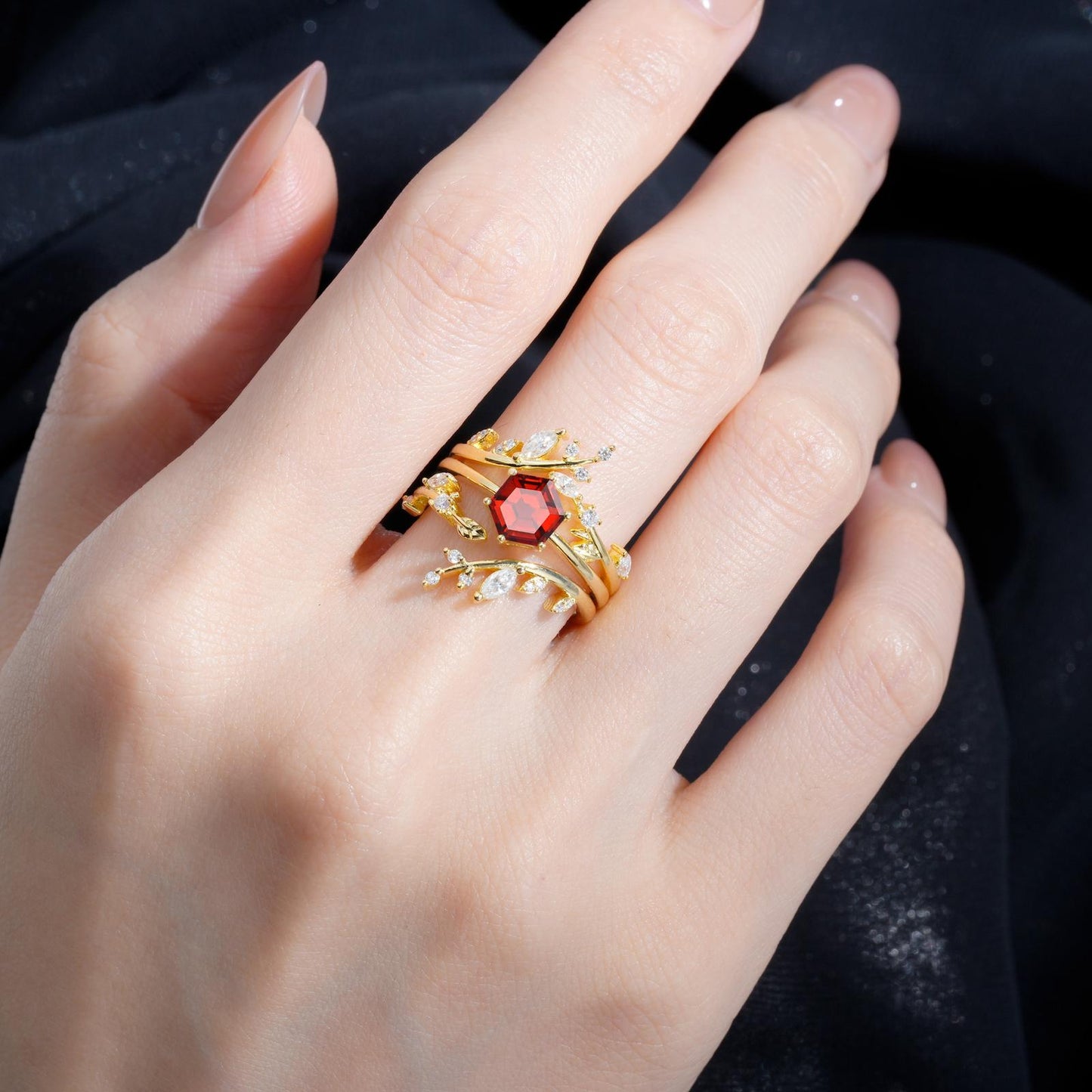Nature-Inspired Hexagon Cut Garnet Leaf Vine Bridal Ring Set - product view2