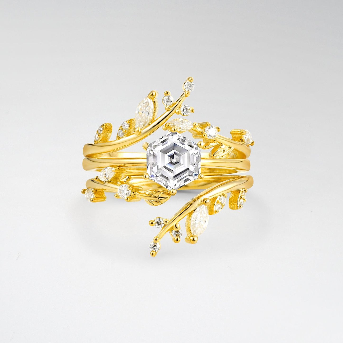 Nature-Inspired Hexagon Cut Lab Diamond Leaf Vine Bridal Ring Set - product view1