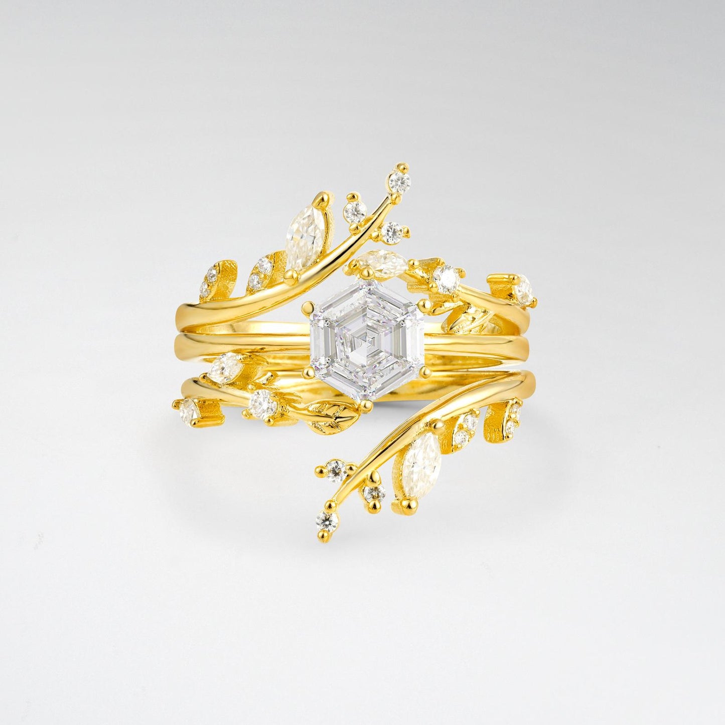 Nature-Inspired Hexagon Cut Moissanite Leaf Vine Bridal Ring Set - product view1