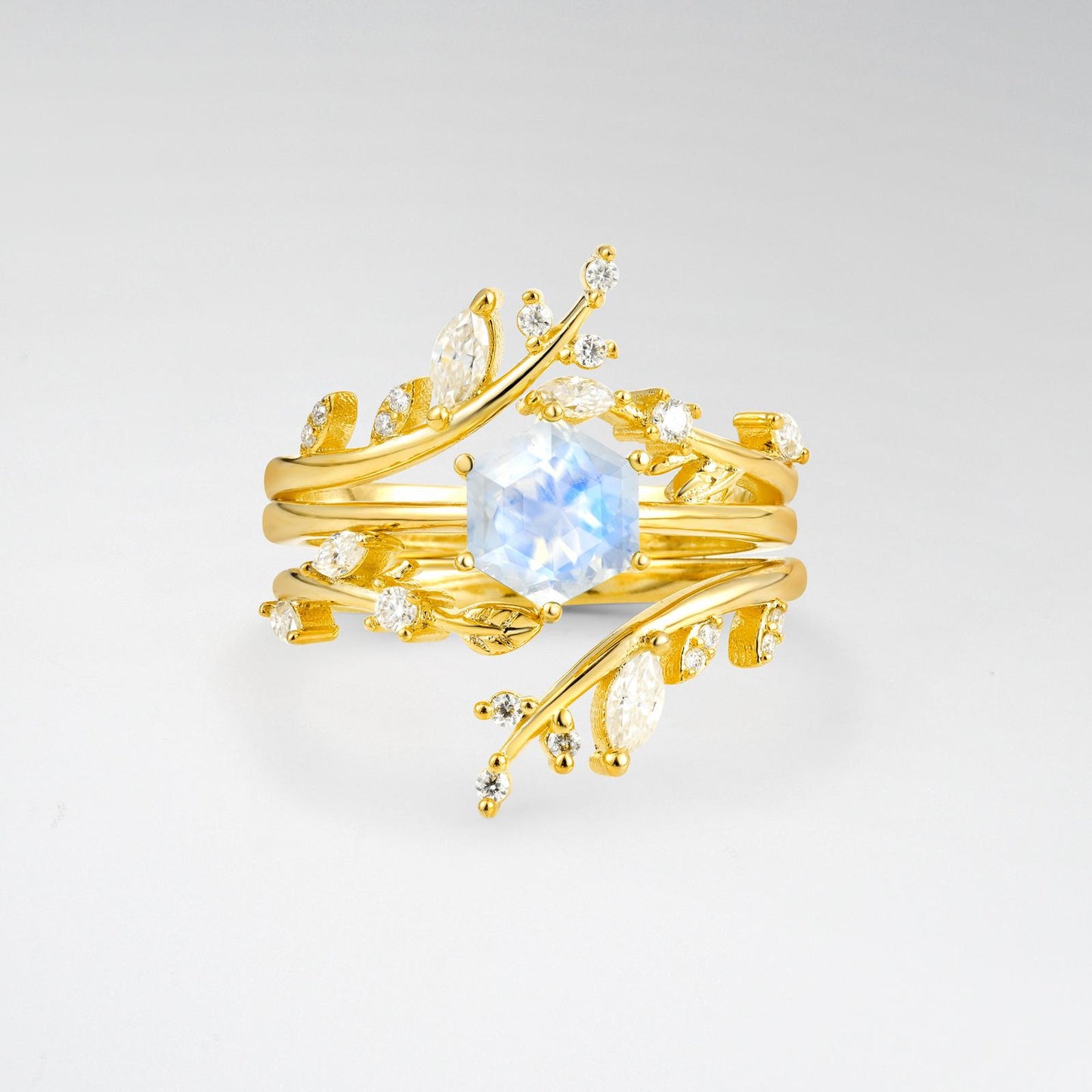 Nature-Inspired Hexagon Cut Moonstone Leaf Vine Bridal Ring Set - product view1