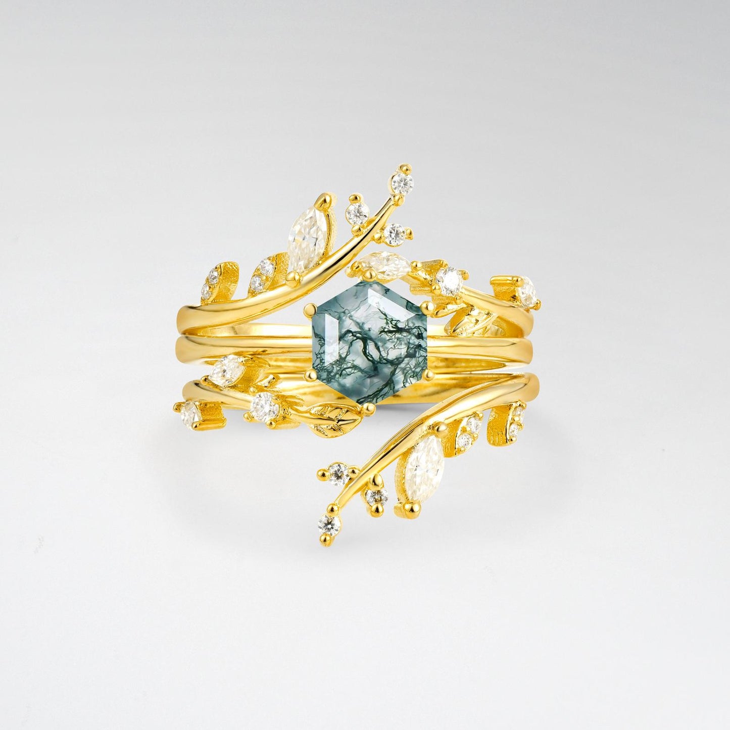 Nature-Inspired Hexagon Cut Moss Agate Leaf Vine Bridal Ring Set - product view1