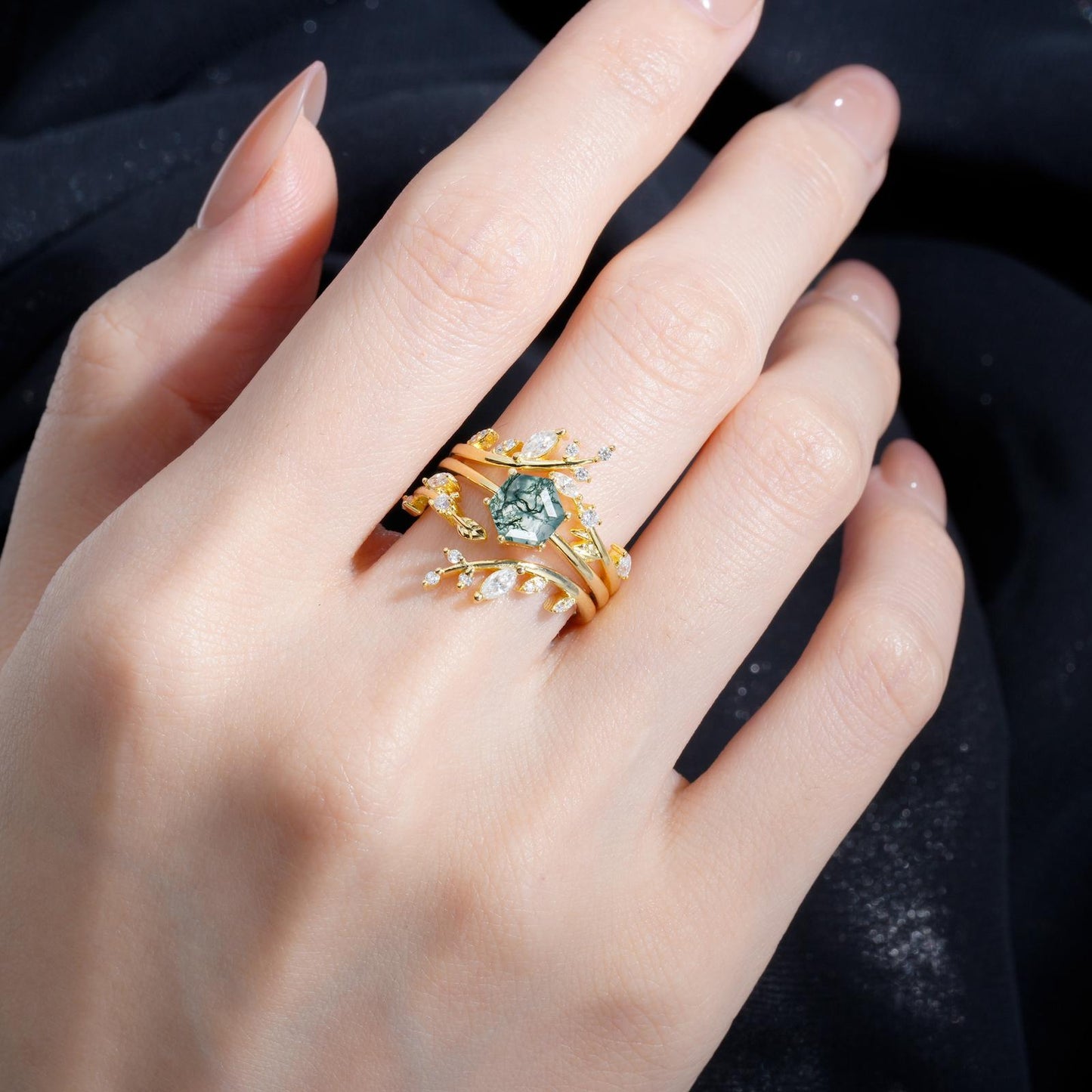 Nature-Inspired Hexagon Cut Moss Agate Leaf Vine Bridal Ring Set - product view2