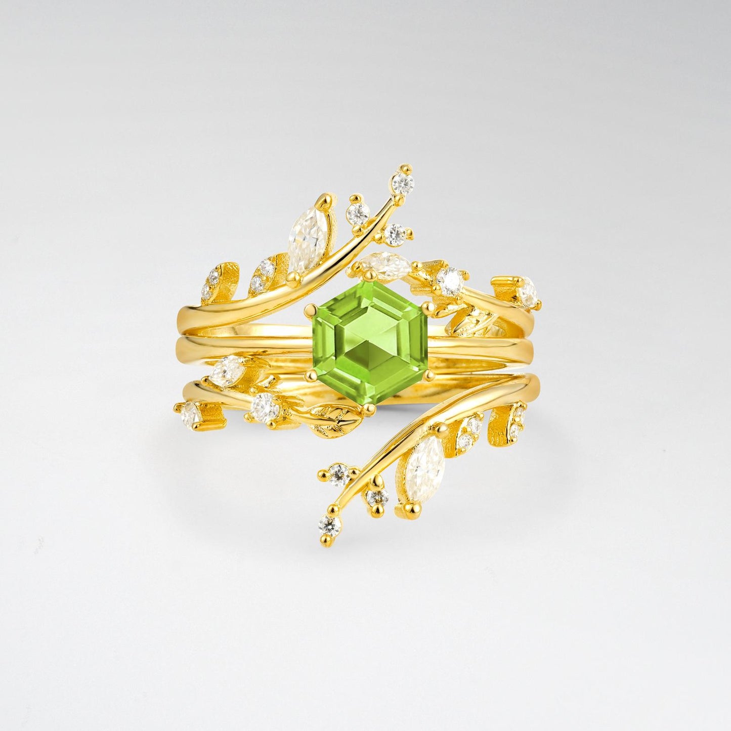 Nature-Inspired Hexagon Cut Peridot Leaf Vine Bridal Ring Set - product view1