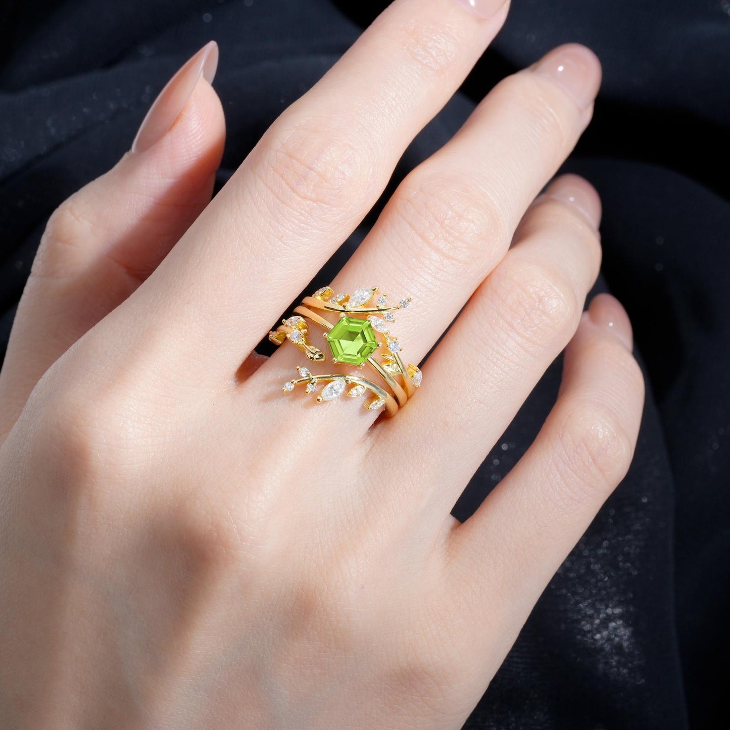 Nature-Inspired Hexagon Cut Peridot Leaf Vine Bridal Ring Set - product view2
