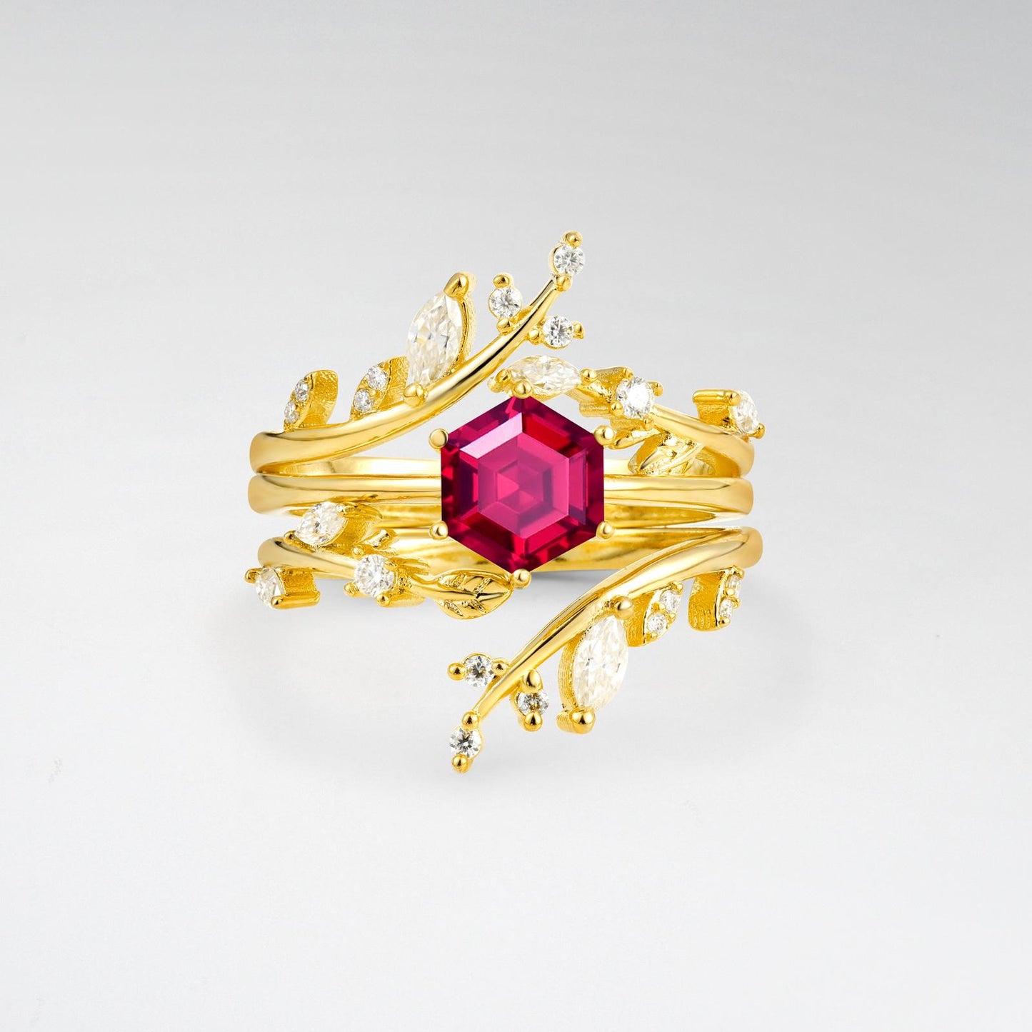Nature-Inspired Hexagon Cut Ruby Leaf Vine Bridal Ring Set - product view1