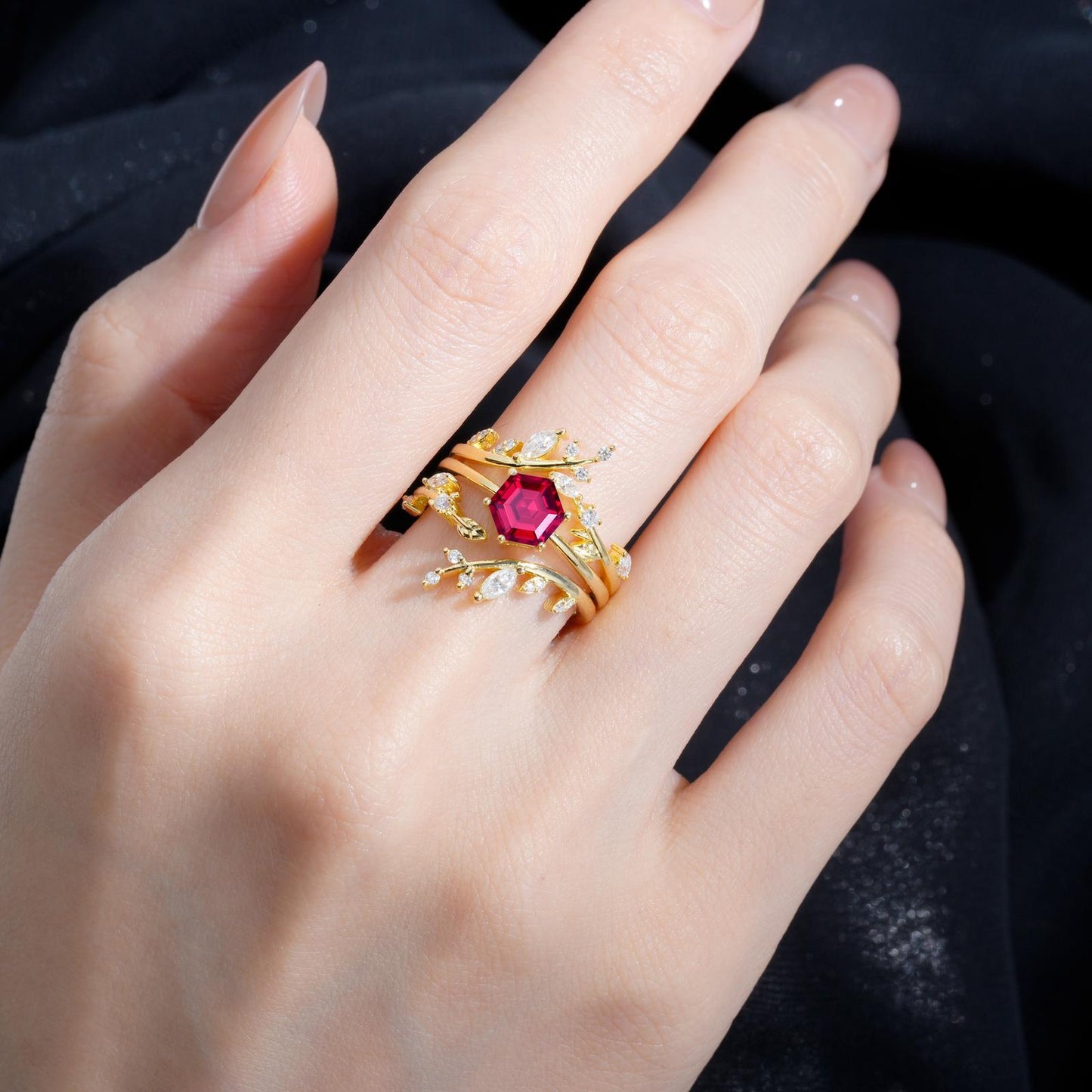 Nature-Inspired Hexagon Cut Ruby Leaf Vine Bridal Ring Set - product view2