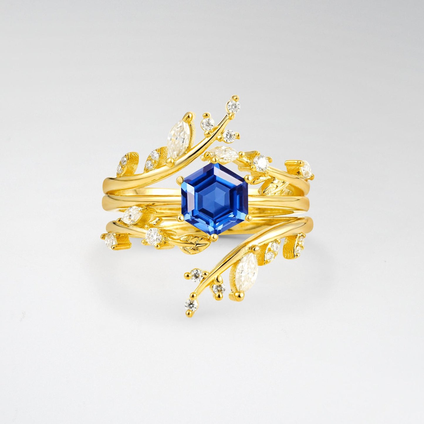 Nature-Inspired Hexagon Cut Sapphire Leaf Vine Bridal Ring Set - product view1