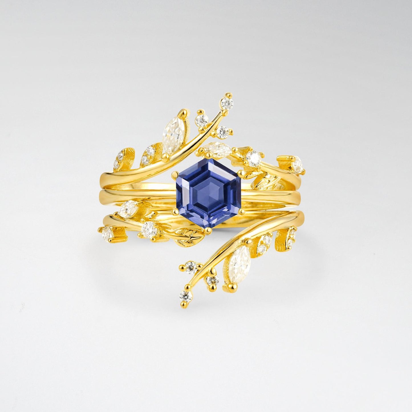 Nature-Inspired Hexagon Cut Tanzanite Leaf Vine Bridal Ring Set - product view1