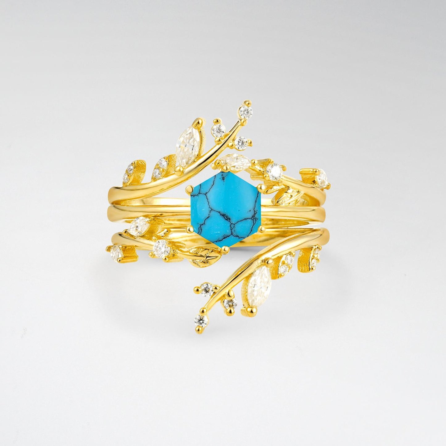 Nature-Inspired Hexagon Cut Turquoise Leaf Vine Bridal Ring Set - product view1