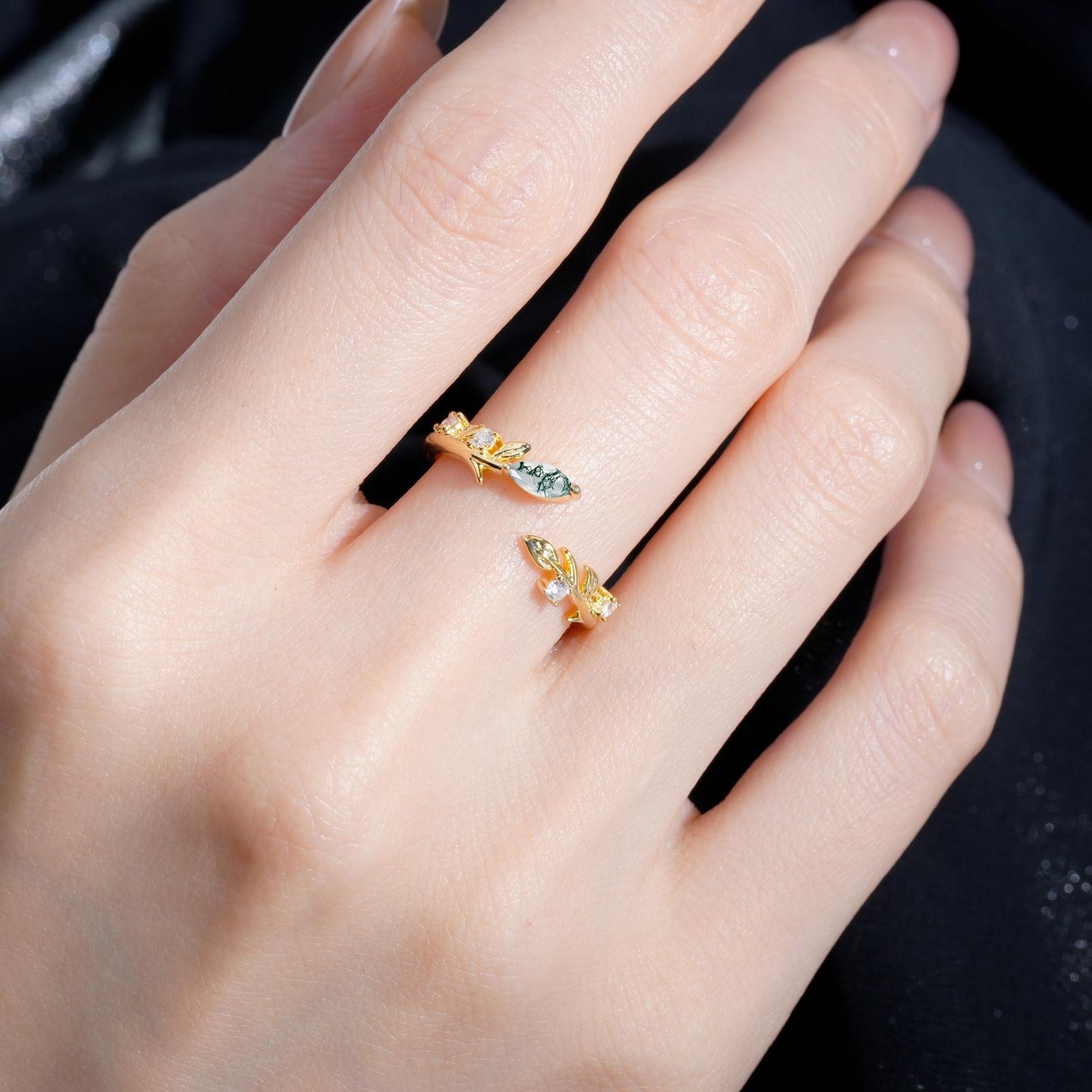Nature-Inspired Marquise Cut Moss Agate Open Wedding Ring - product view2