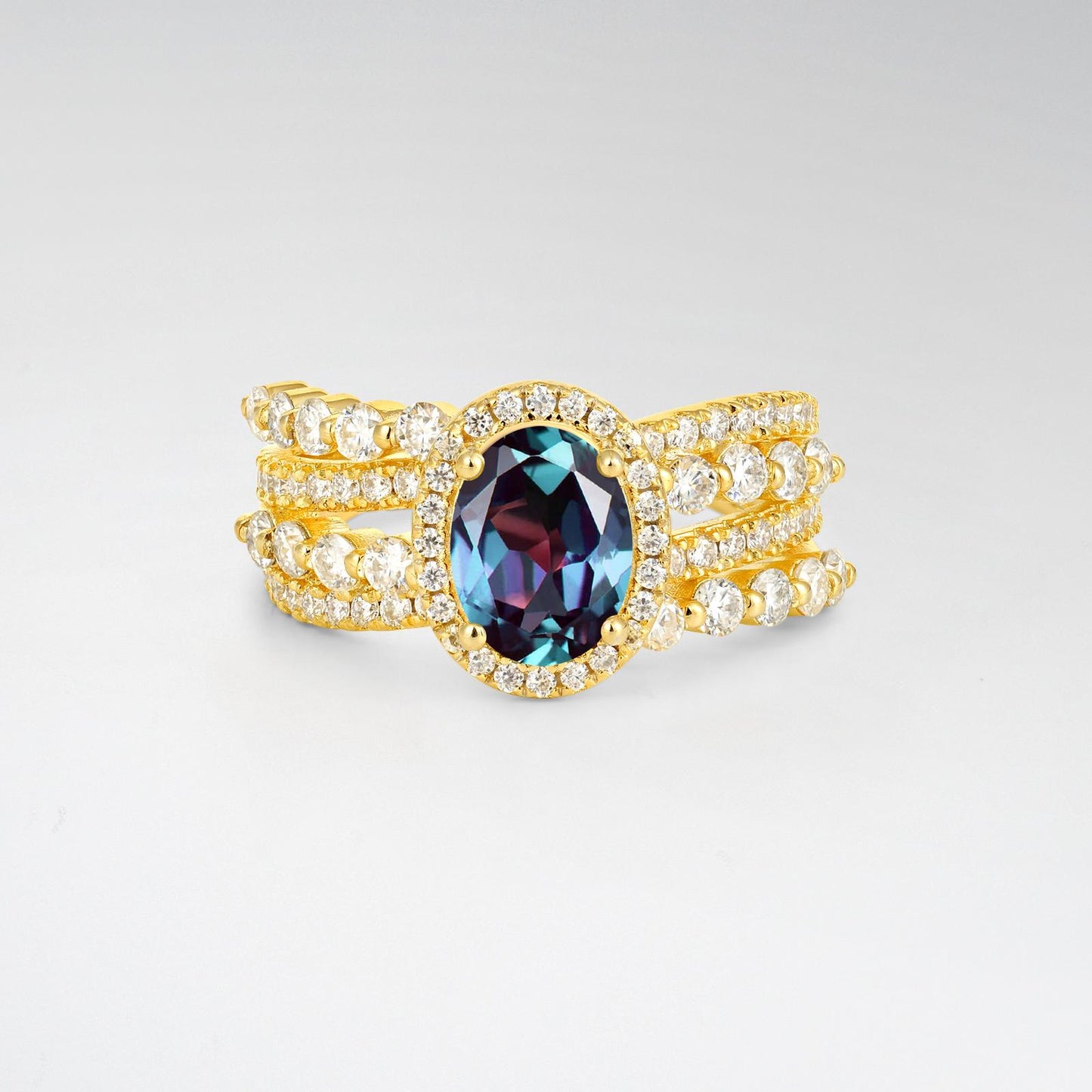 Oval Cut Alexandrite Halo Triple-Row Split Shank Engagement Ring - product view1