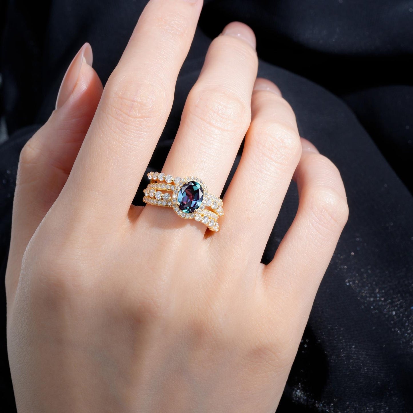 Oval Cut Alexandrite Halo Triple-Row Split Shank Engagement Ring - product view2