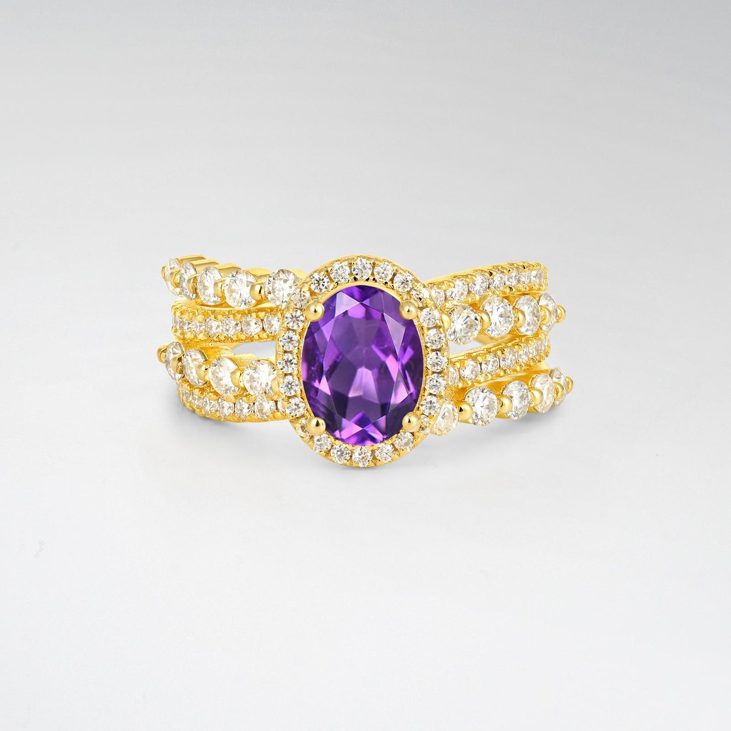 Oval Cut Amethyst Halo Triple-Row Split Shank Engagement Ring - product view1