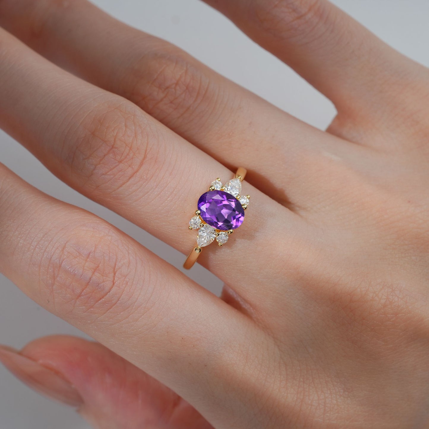 Oval Cut Amethyst Pear Side Stone Engagement Ring - product view2