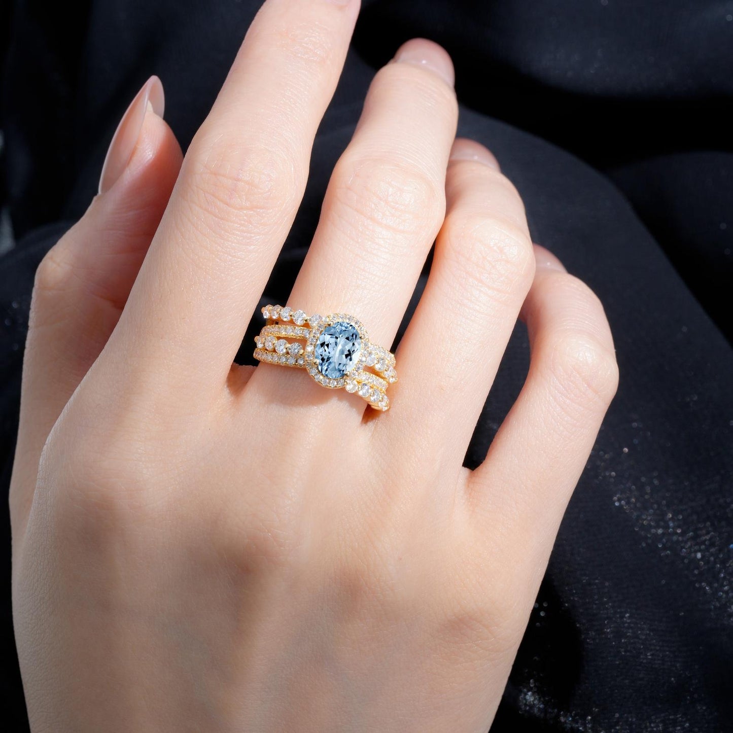 Oval Cut Aquamarine Halo Triple-Row Split Shank Engagement Ring - product view2