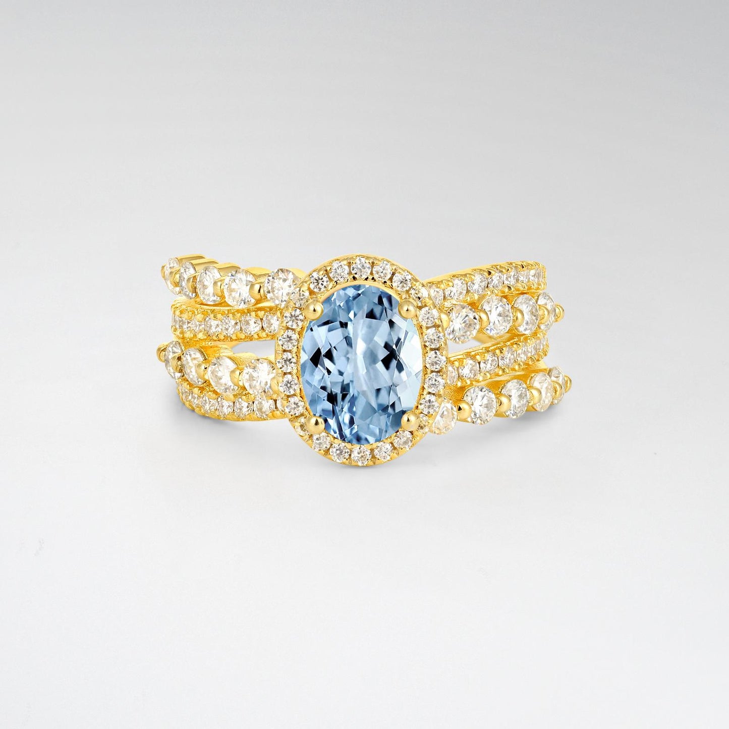 Oval Cut Aquamarine Halo Triple-Row Split Shank Engagement Ring - product view1