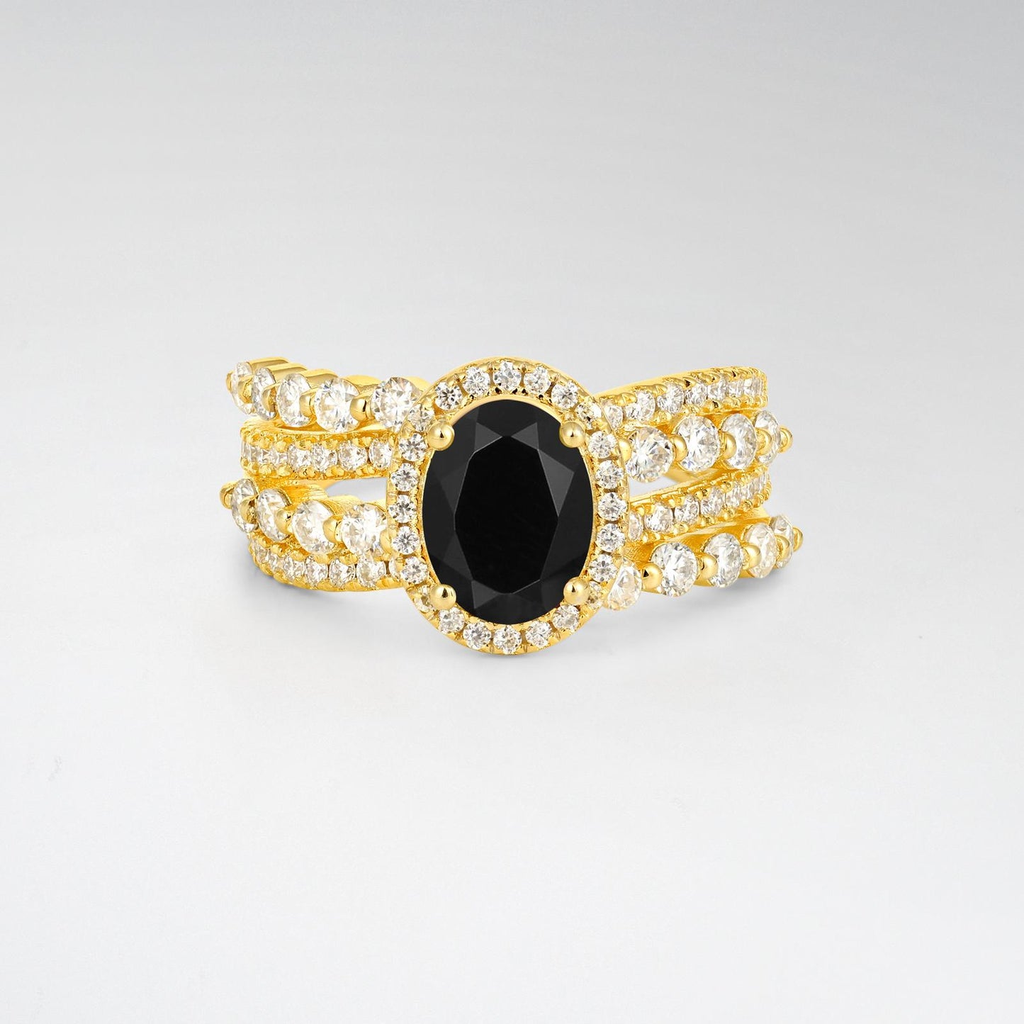 Oval Cut Black Onyx Halo Triple-Row Split Shank Engagement Ring - product view1