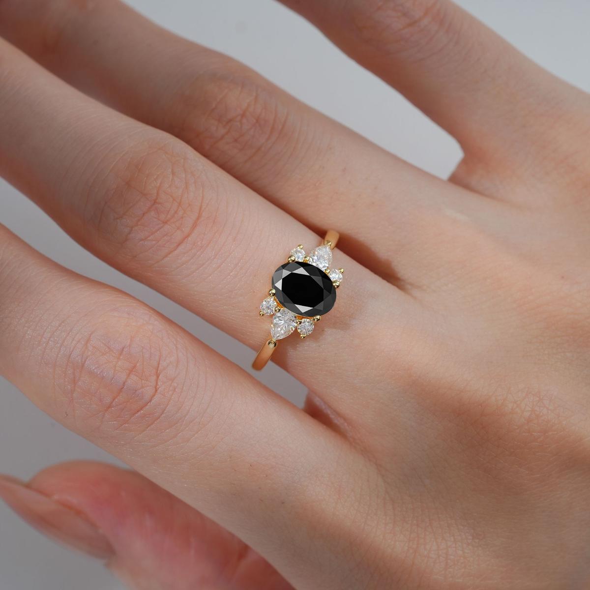 Oval Cut Black Onyx Pear Side Stone Engagement Ring - product view2