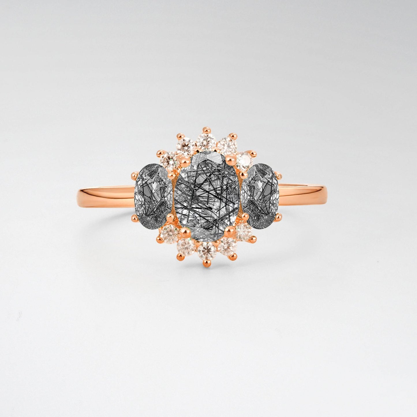 Oval Cut Black Rutilated Quartz Cluster Engagement Ring - product view1