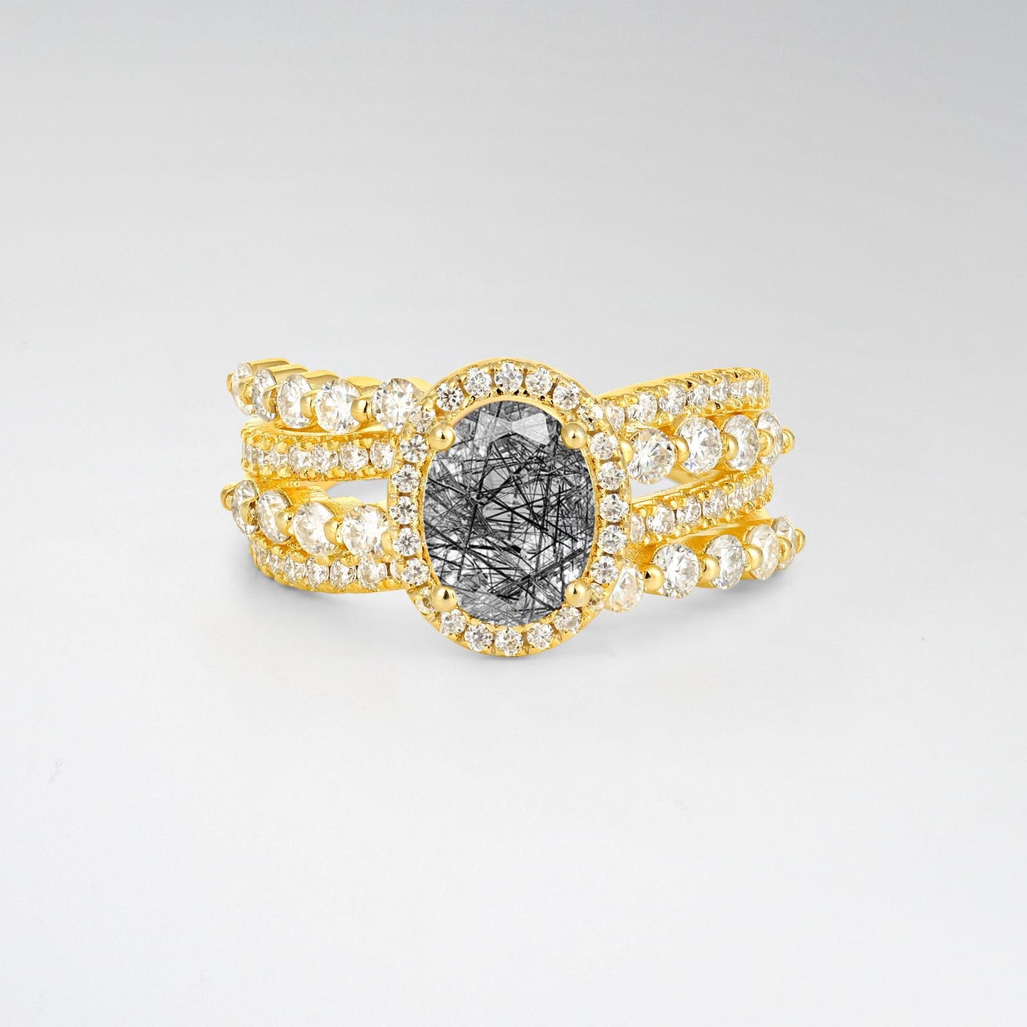 Oval Cut Black Rutilated Quartz Halo Triple-Row Split Shank Engagement Ring - product view1