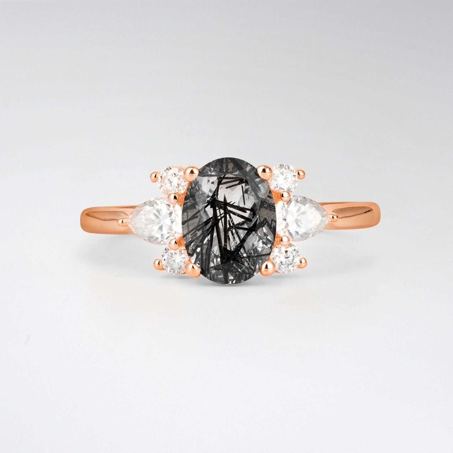 Oval Cut Black Rutilated Quartz Pear Side Stone Engagement Ring - product view1