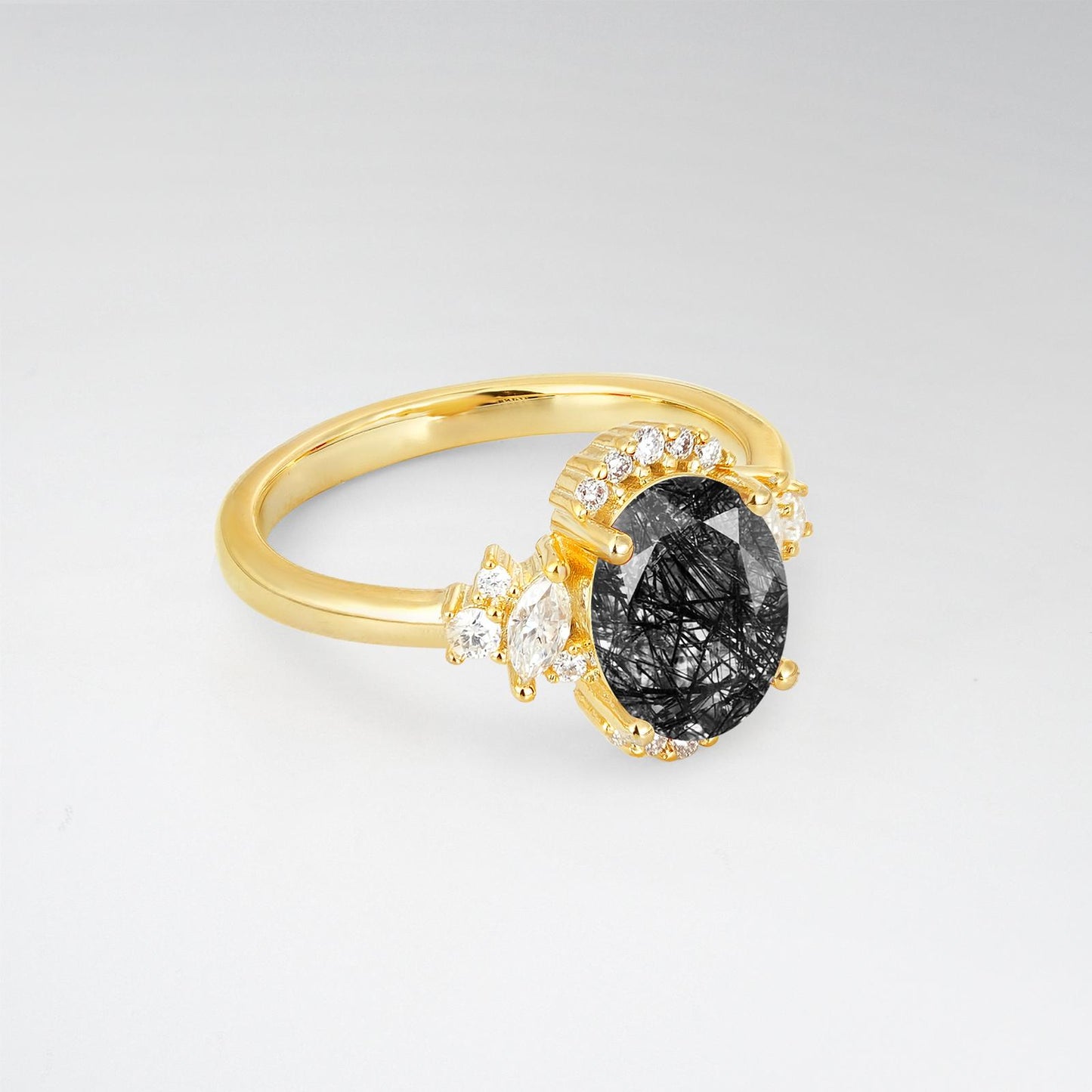 Oval Cut Black Rutilated Quartz Side Stone Engagement Ring - product view2