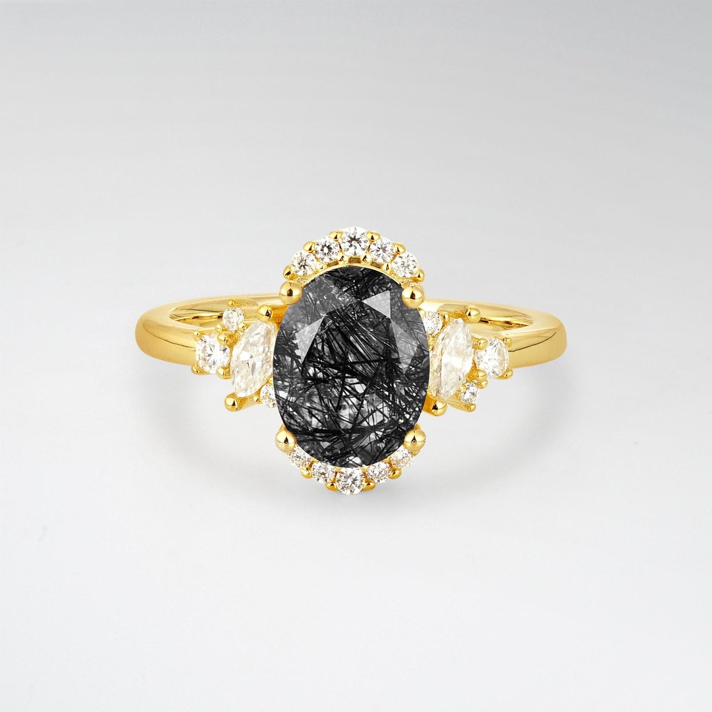Oval Cut Black Rutilated Quartz Side Stone Engagement Ring - product view1