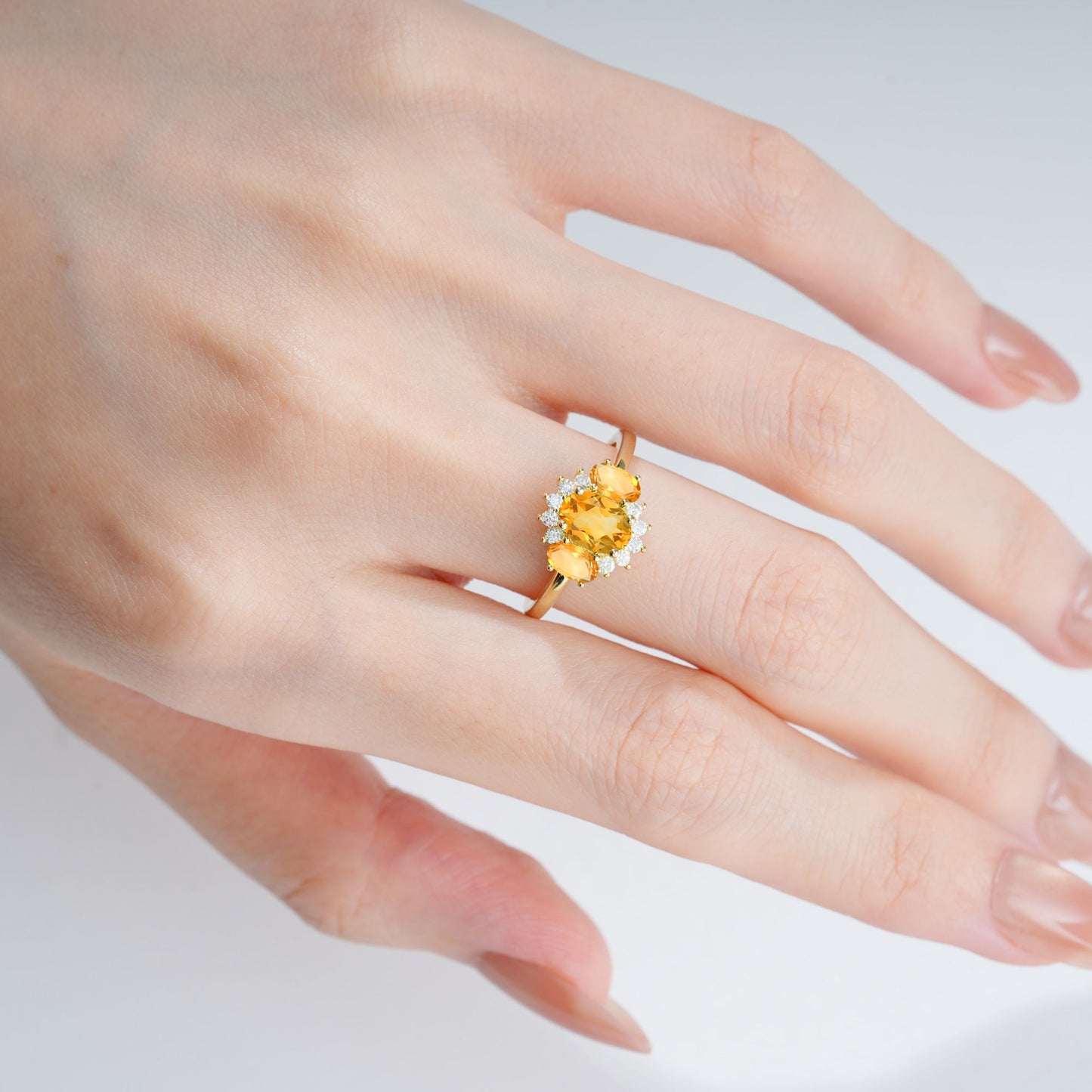 Oval Cut Citrine Cluster Engagement Ring - product view2