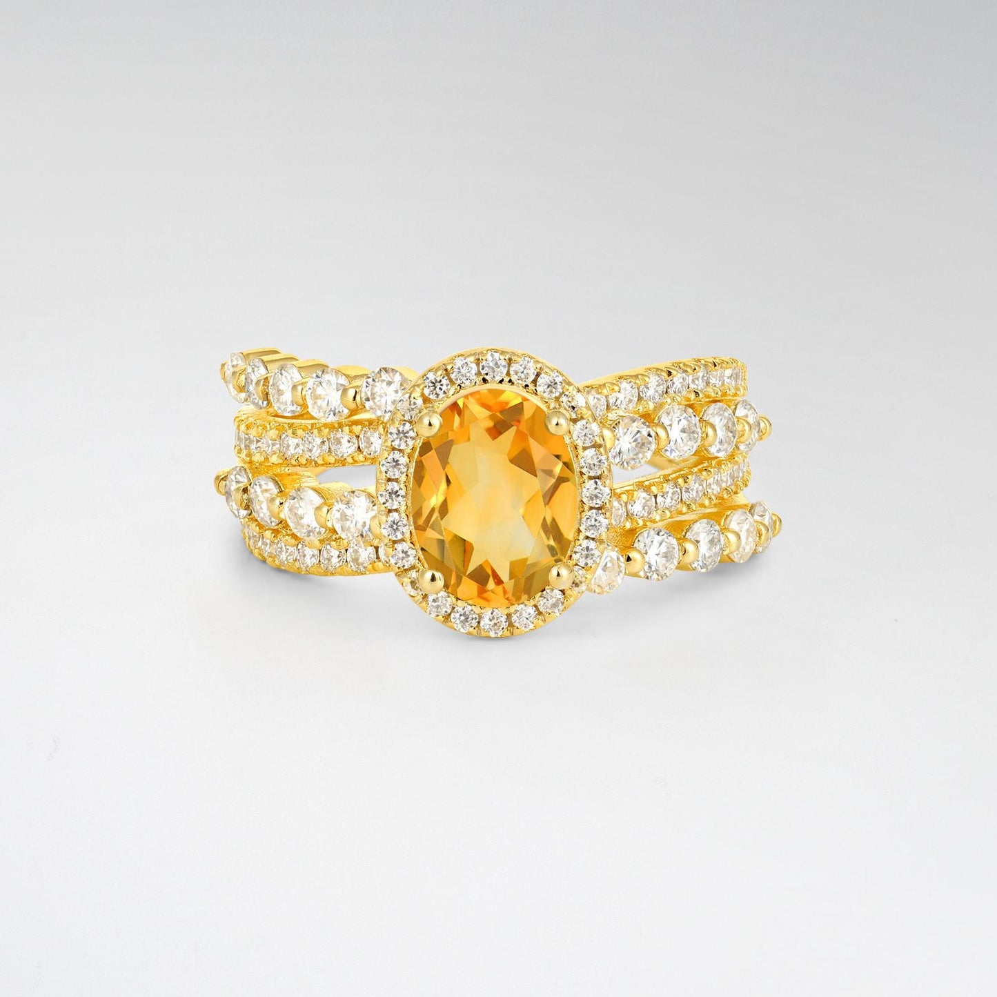 Oval Cut Citrine Halo Triple-Row Split Shank Engagement Ring - product view1