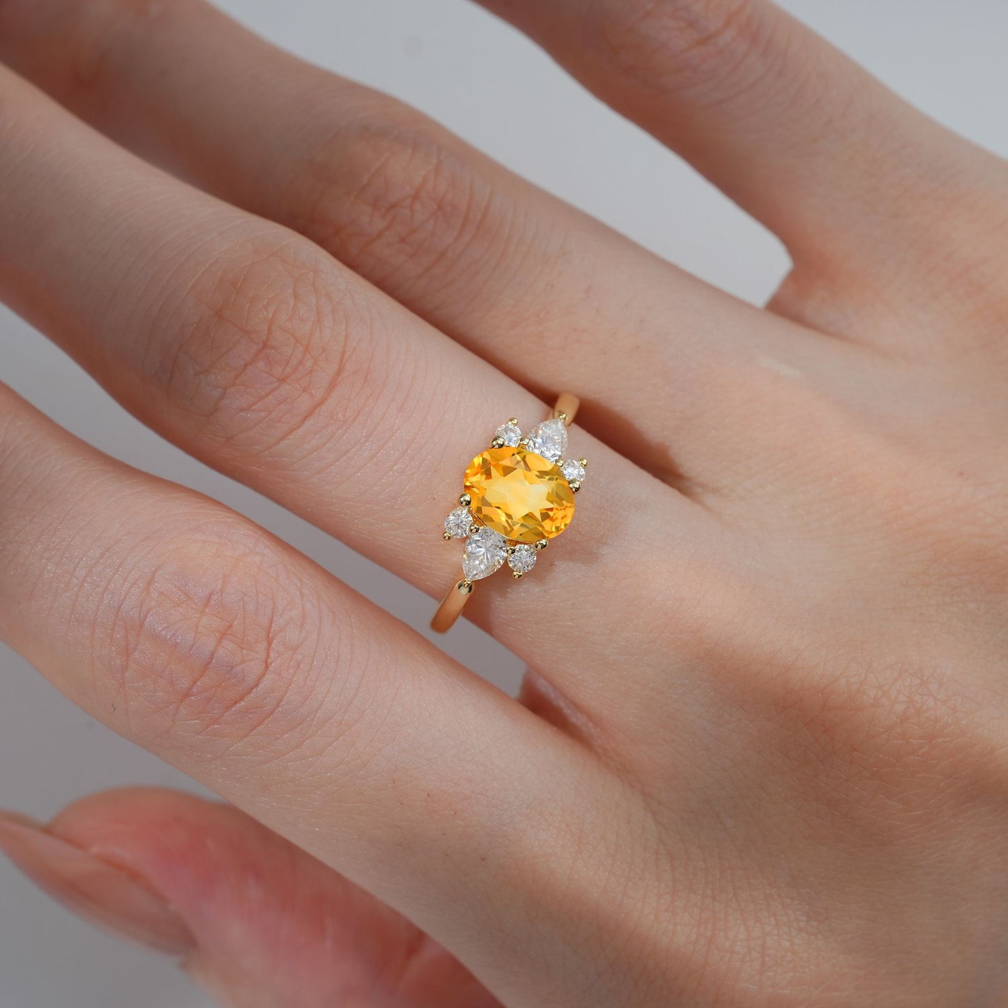 Oval Cut Citrine Pear Side Stone Engagement Ring - product view2