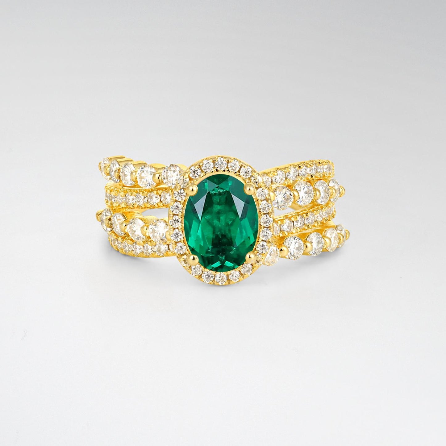 Oval Cut Emerald Halo Triple-Row Split Shank Engagement Ring - product view1