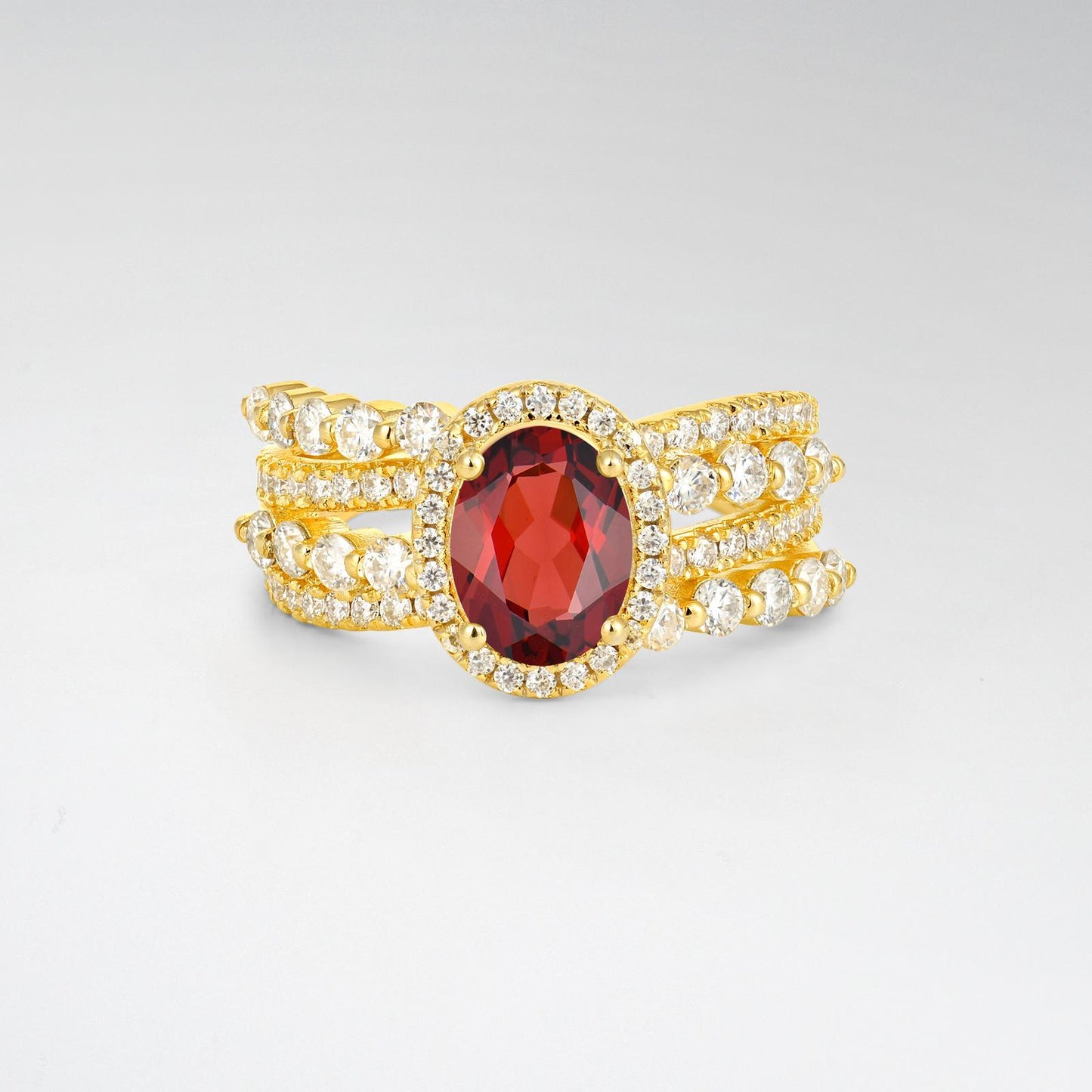Oval Cut Garnet Halo Triple-Row Split Shank Engagement Ring - product view1