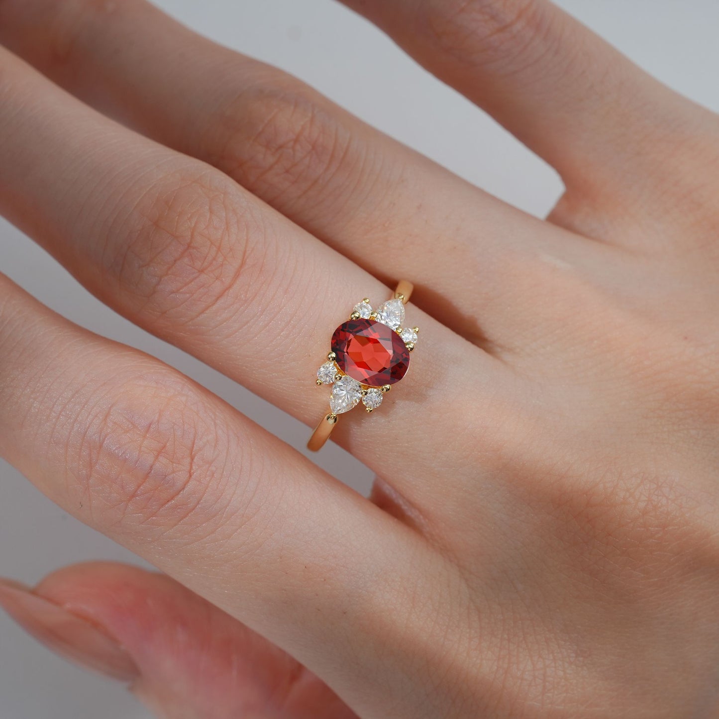 Oval Cut Garnet Pear Side Stone Engagement Ring - product view2