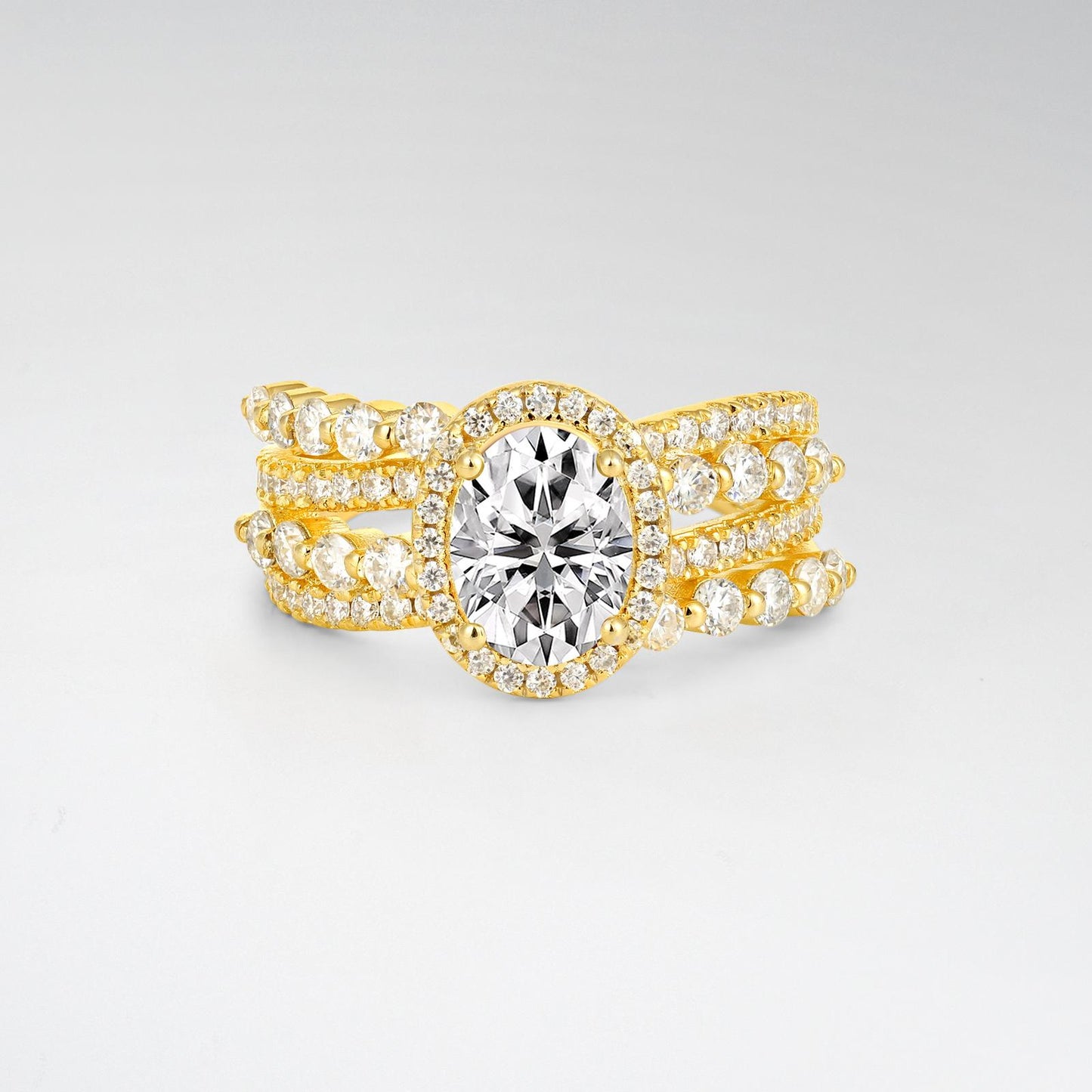 Oval Cut Lab Diamond Halo Triple-Row Split Shank Engagement Ring - product view1
