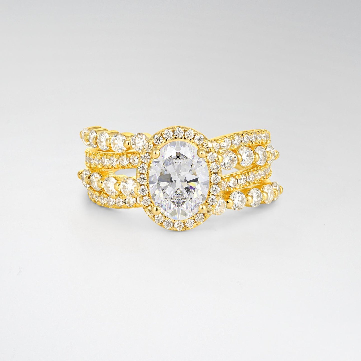 Oval Cut Moissanite Halo Triple-Row Split Shank Engagement Ring - product view1