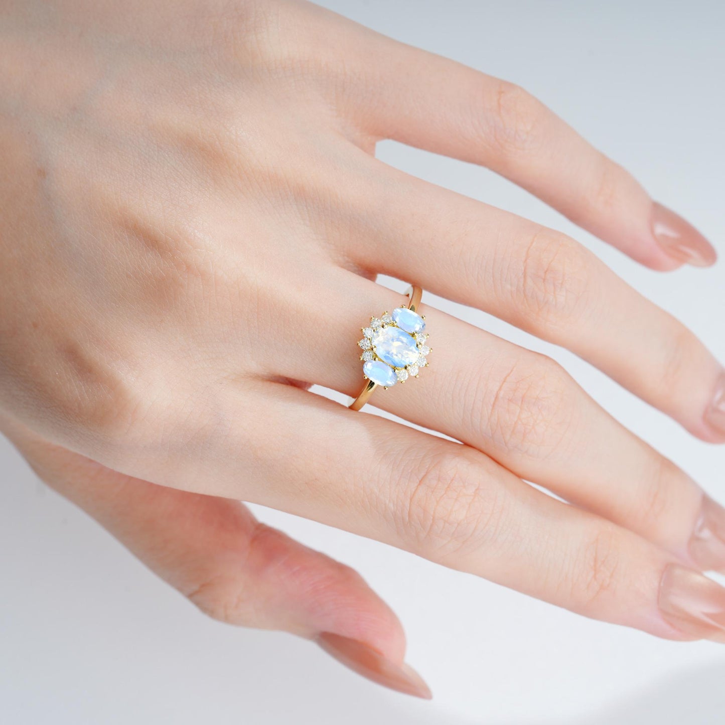 Oval Cut Moonstone Cluster Engagement Ring - product view2
