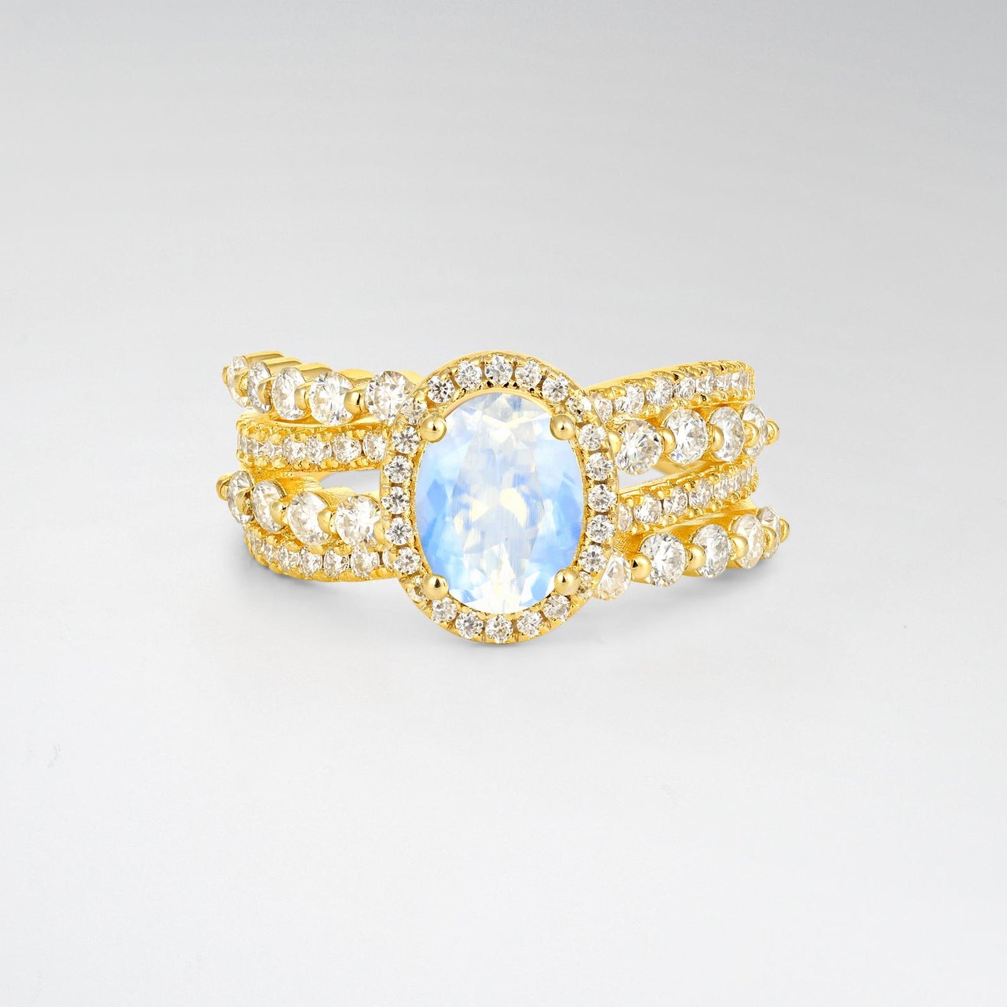 Oval Cut Moonstone Halo Triple-Row Split Shank Engagement Ring - product view1