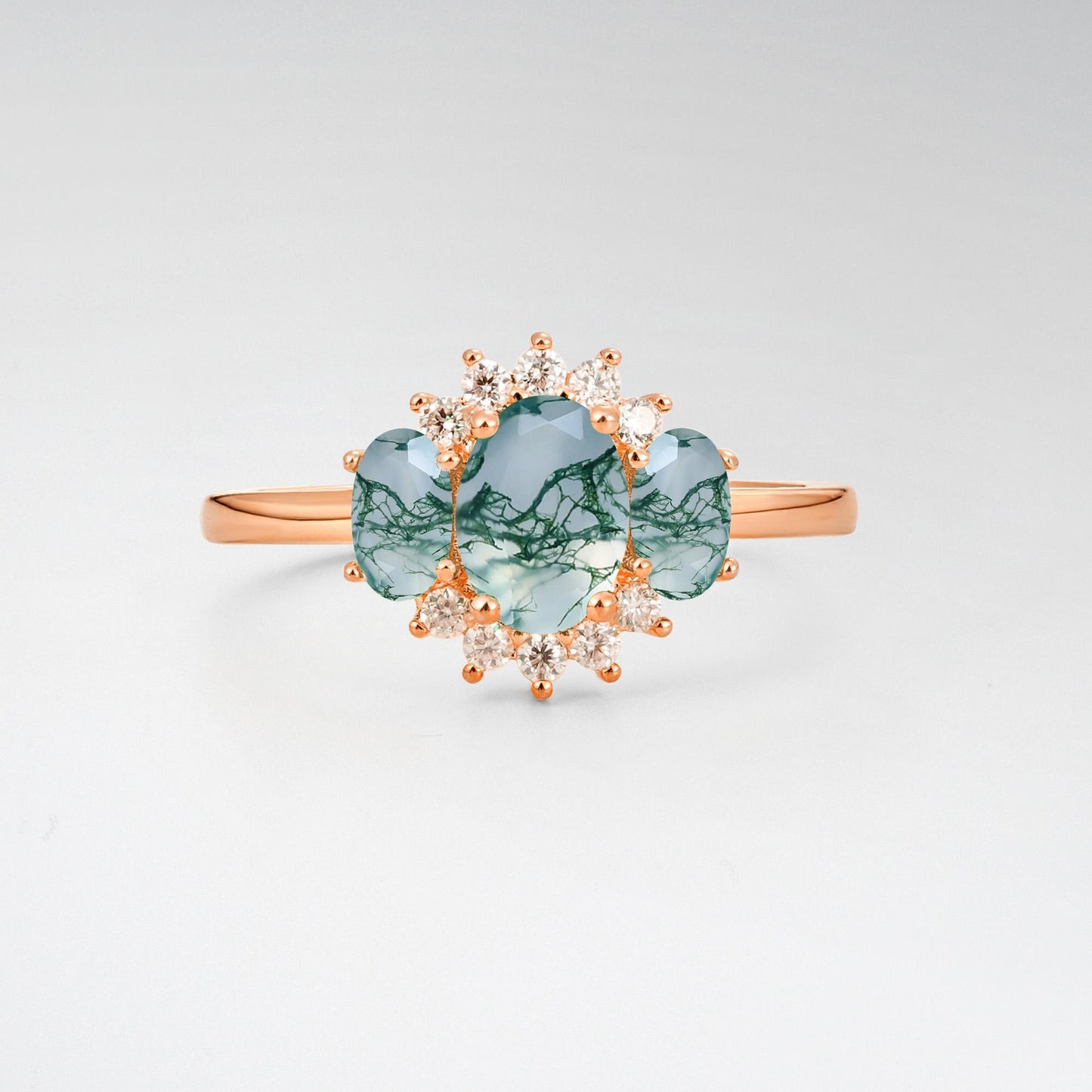 Oval Cut Moss Agate Cluster Engagement Ring - product view1