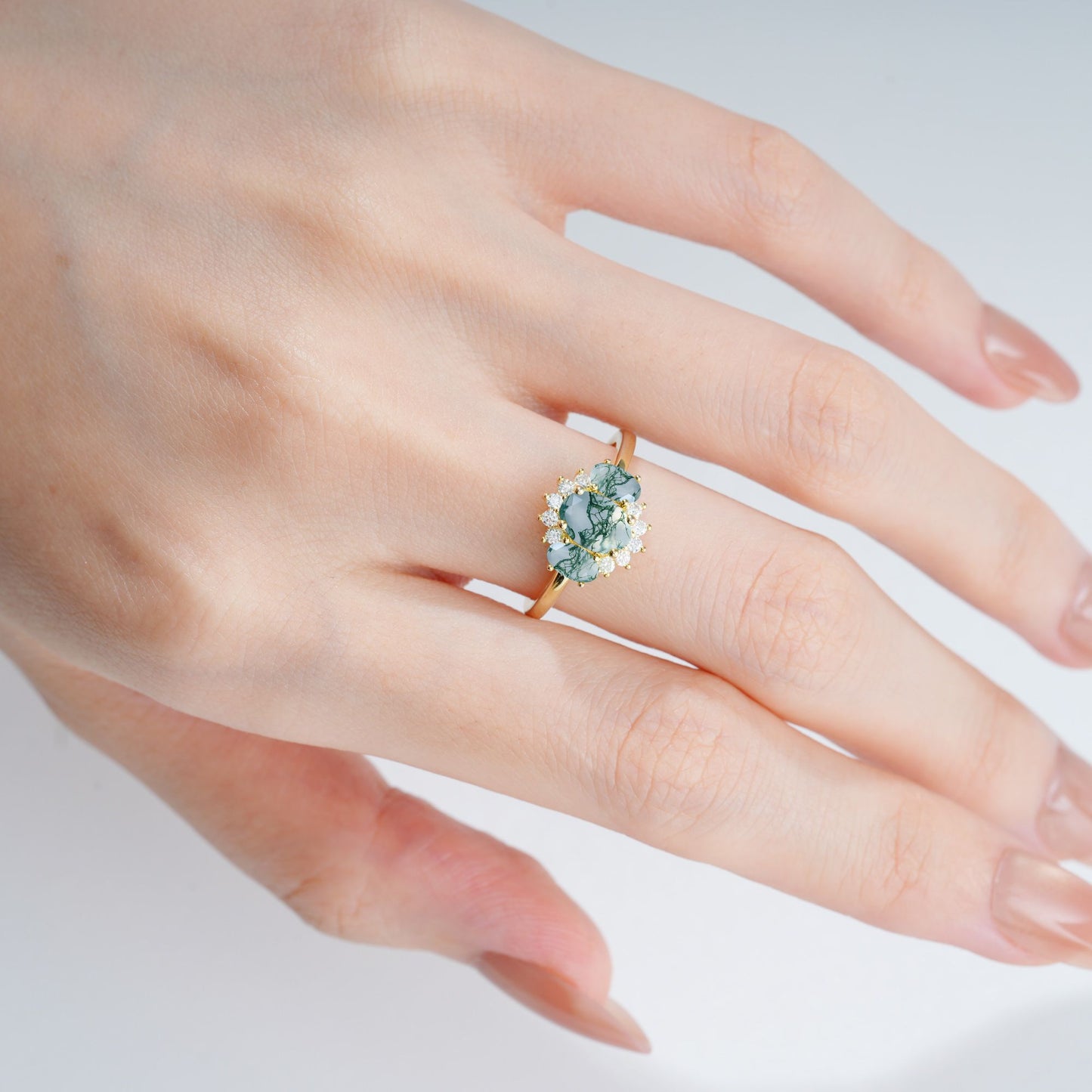 Oval Cut Moss Agate Cluster Engagement Ring - product view2